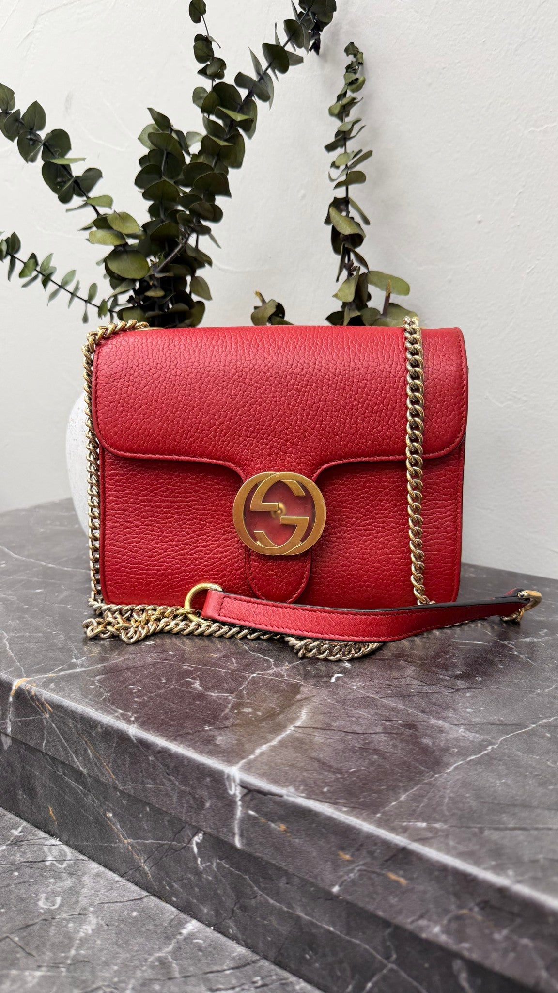 Gucci Red Leather Interlocking G Chain Crossbody
