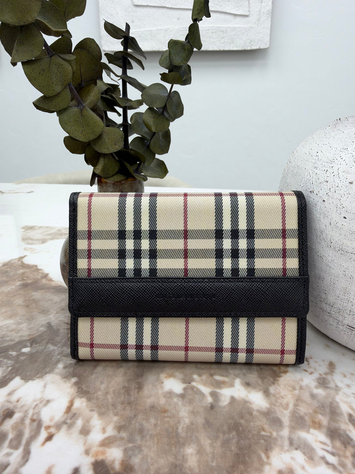 LIKE NEW - Burberry Beige Nova Check Coated Canvas & Black Leather Trifold Wallet