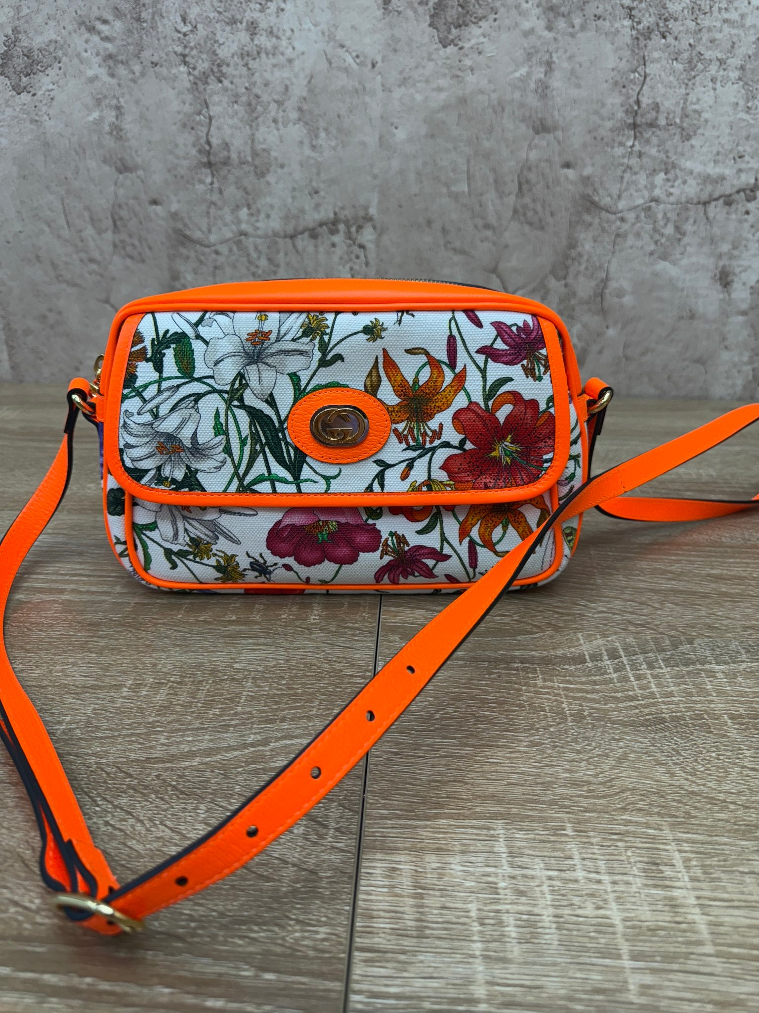 Gucci Flora Floral Canvas & Neon Orange Shoulder Bag