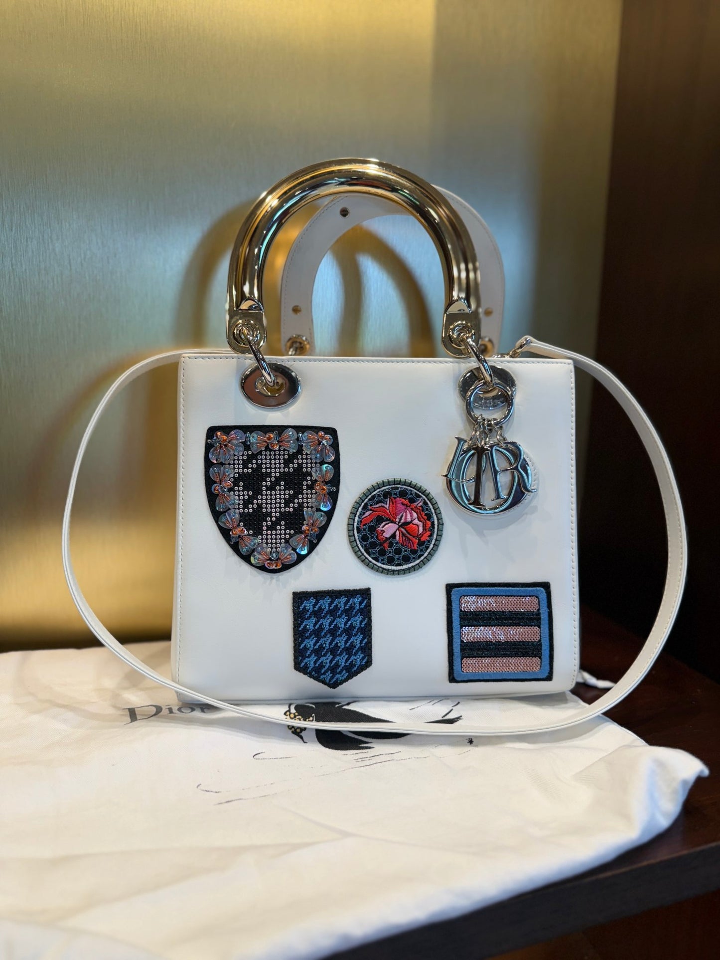 Christian Dior White Leather Patch Embellished Medium Lady Dior