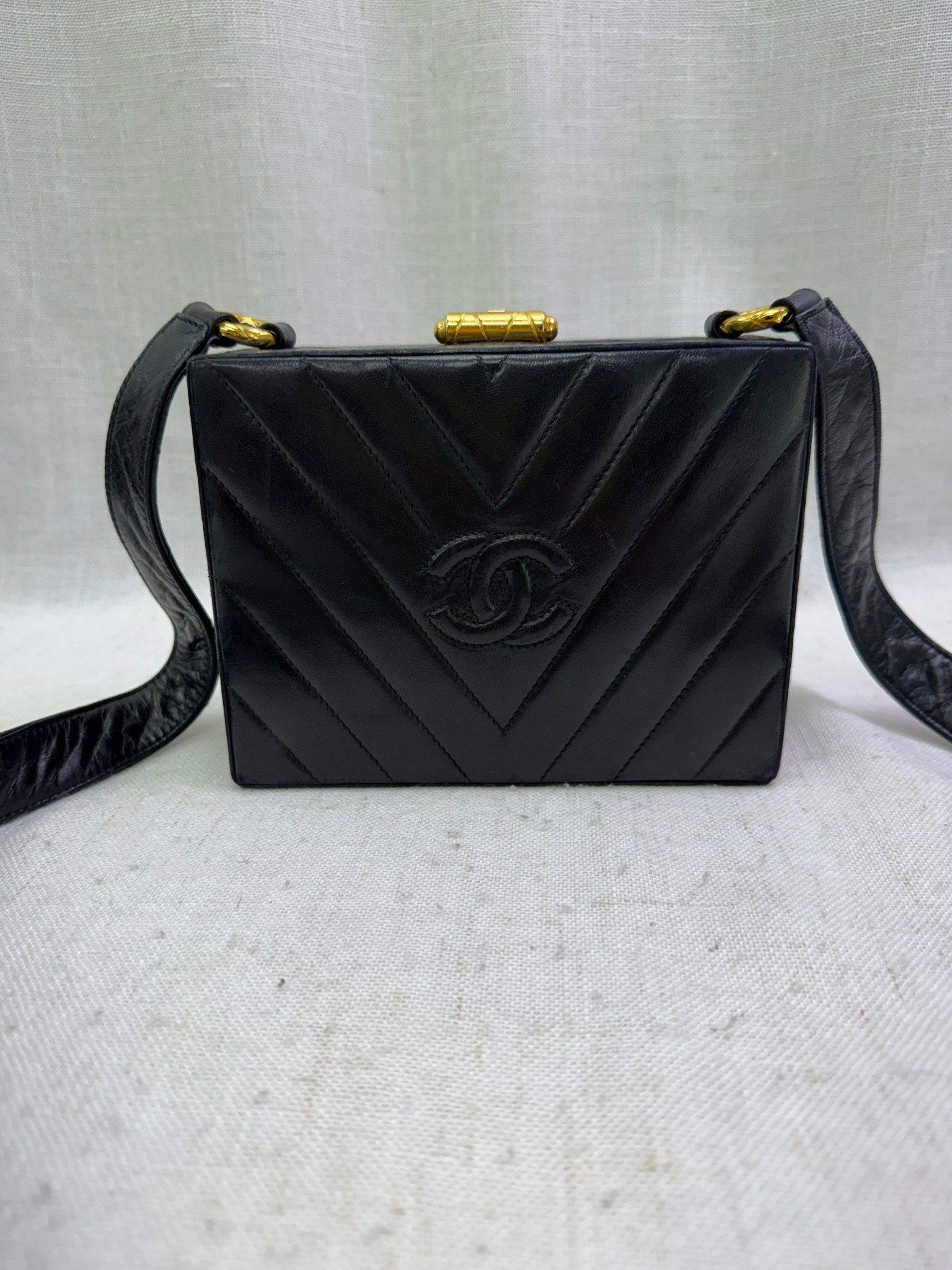 Chanel Vintage Black Chevron Calfskin Box Bag
