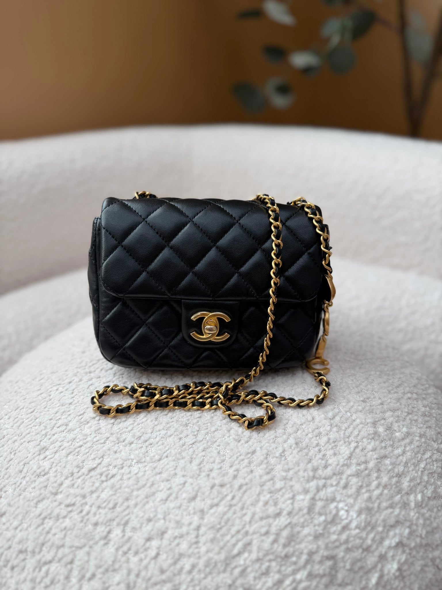 Chanel Black Lambskin Coco Hearts Square Mini Flap Crossbody