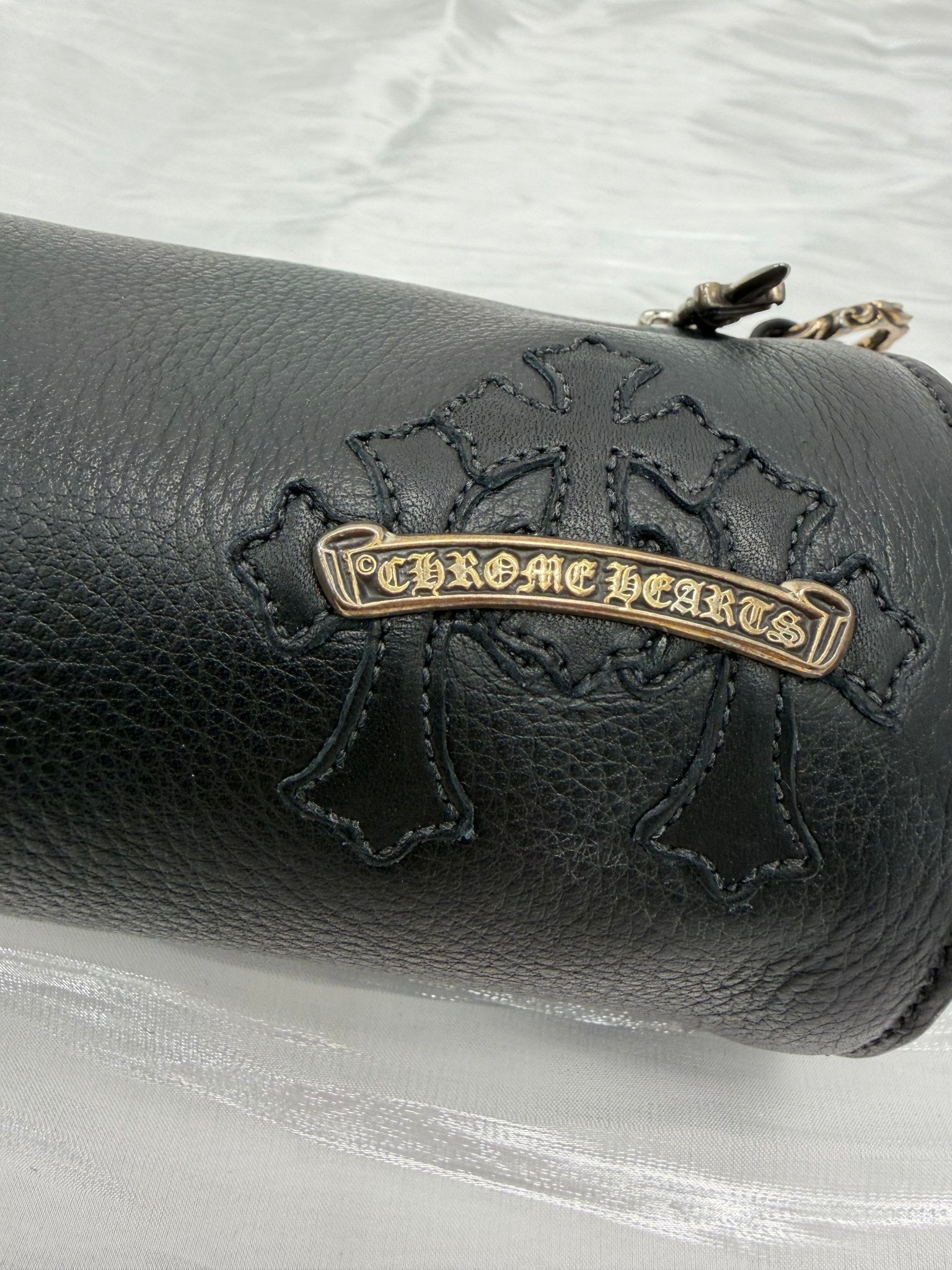 BRAND NEW- Chrome Hearts Black Leather Grinds Cemetery Cross Tube Bag