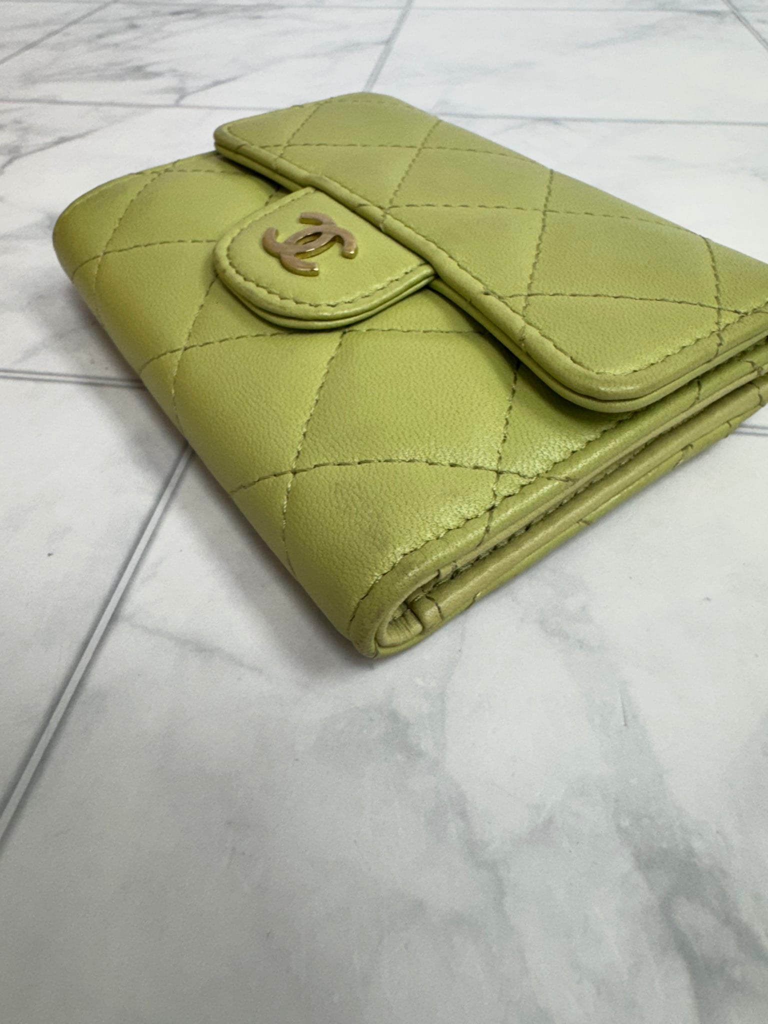 Chanel Green Diamond Quilted Leather Flap Compact Wallet