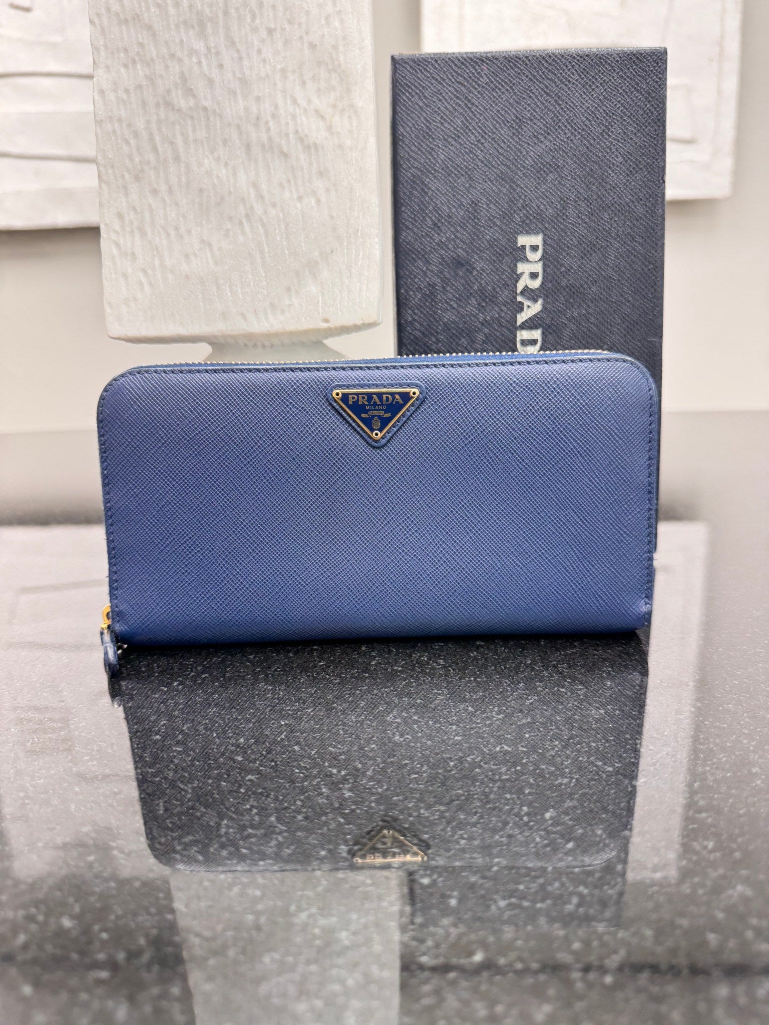 Prada Blue Saffiano Leather Long Zippy Wallet