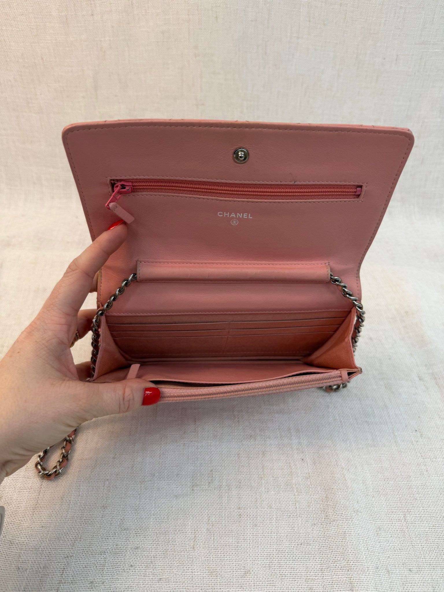 Chanel Pink Patent Leather Wallet On Chain