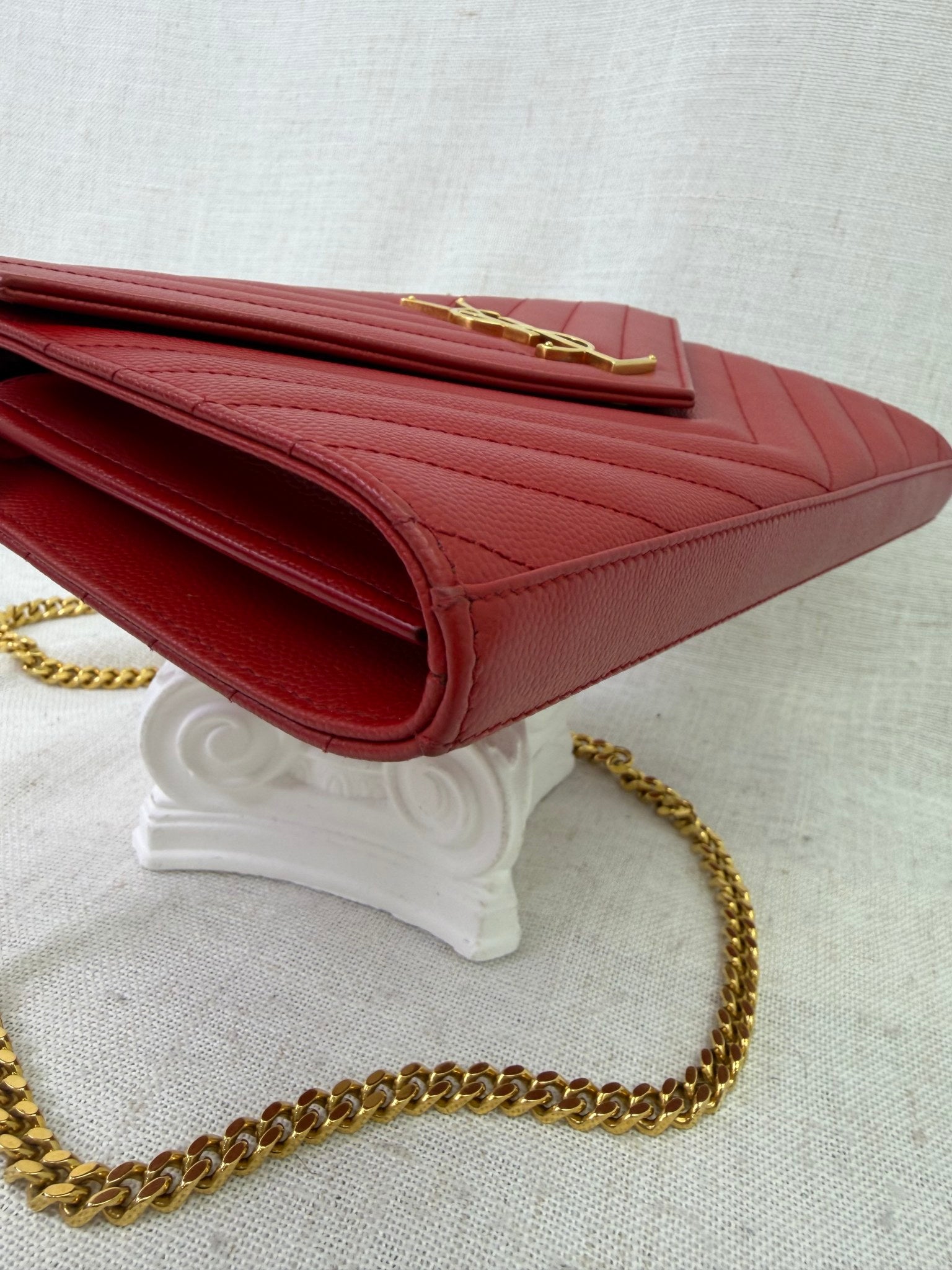 Saint Laurent YSL Red Pebbled Leather Envelope Wallet on a Chain