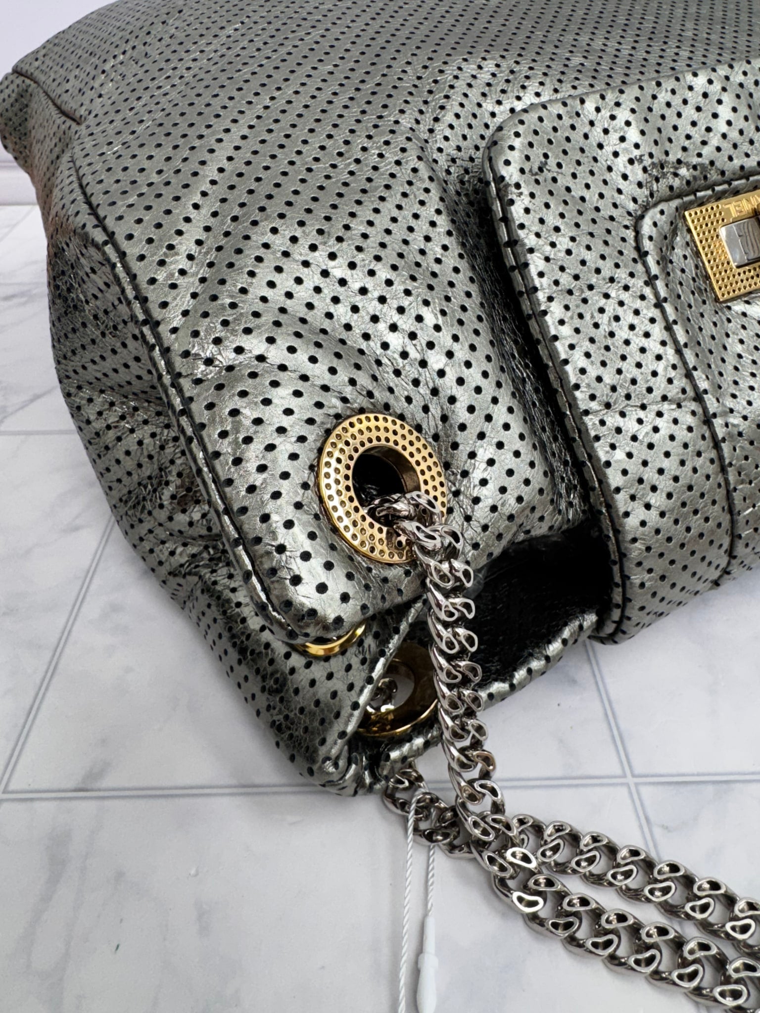 Chanel Metallic Silver Perforated Crackled Calfskin Large Drill Tote Bag