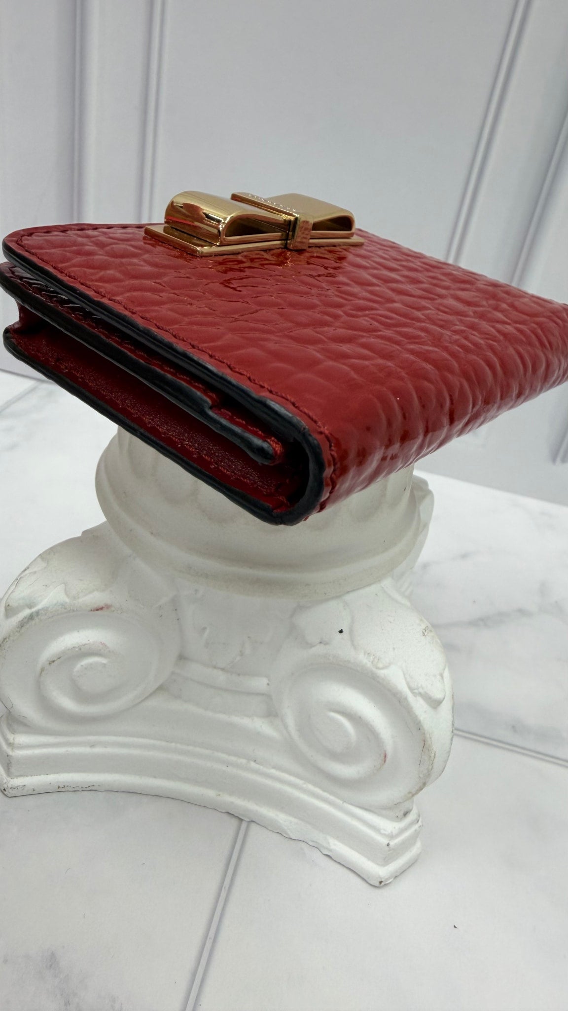 Burberry Red Embossed Patent Leather Compact Bow Wallet