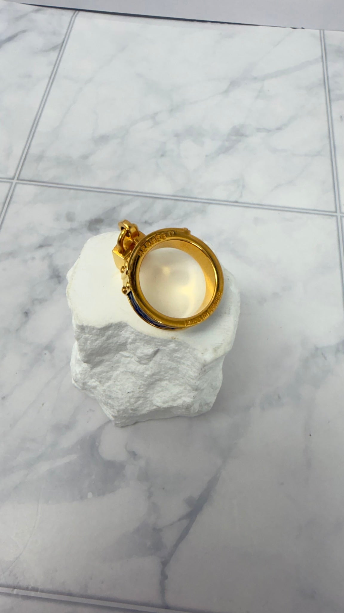 Hermes Gold Tone Blue Leather Kelly Lock Scarf Ring