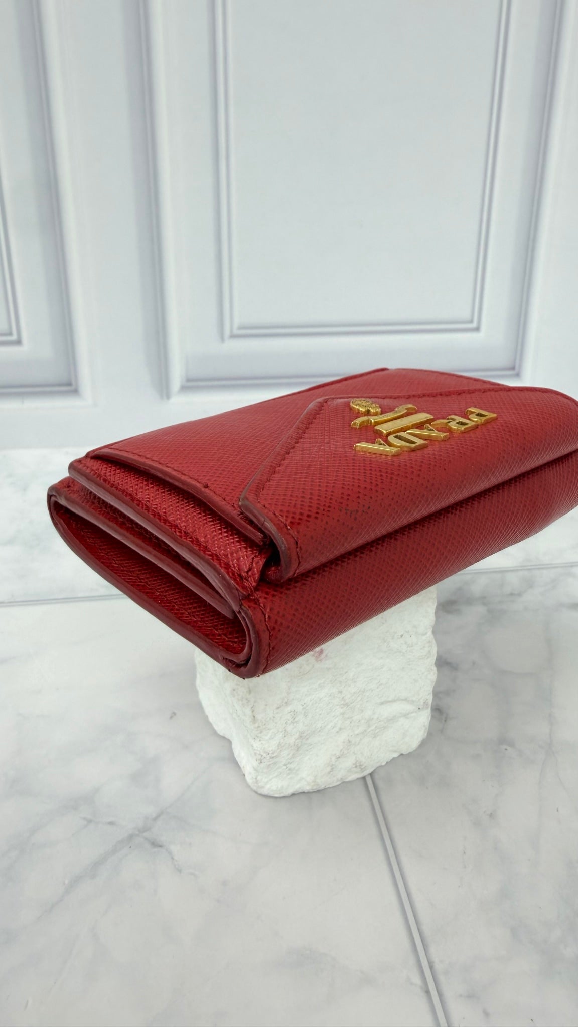 Prada Red Saffiano Leather Trifold Compact Wallet