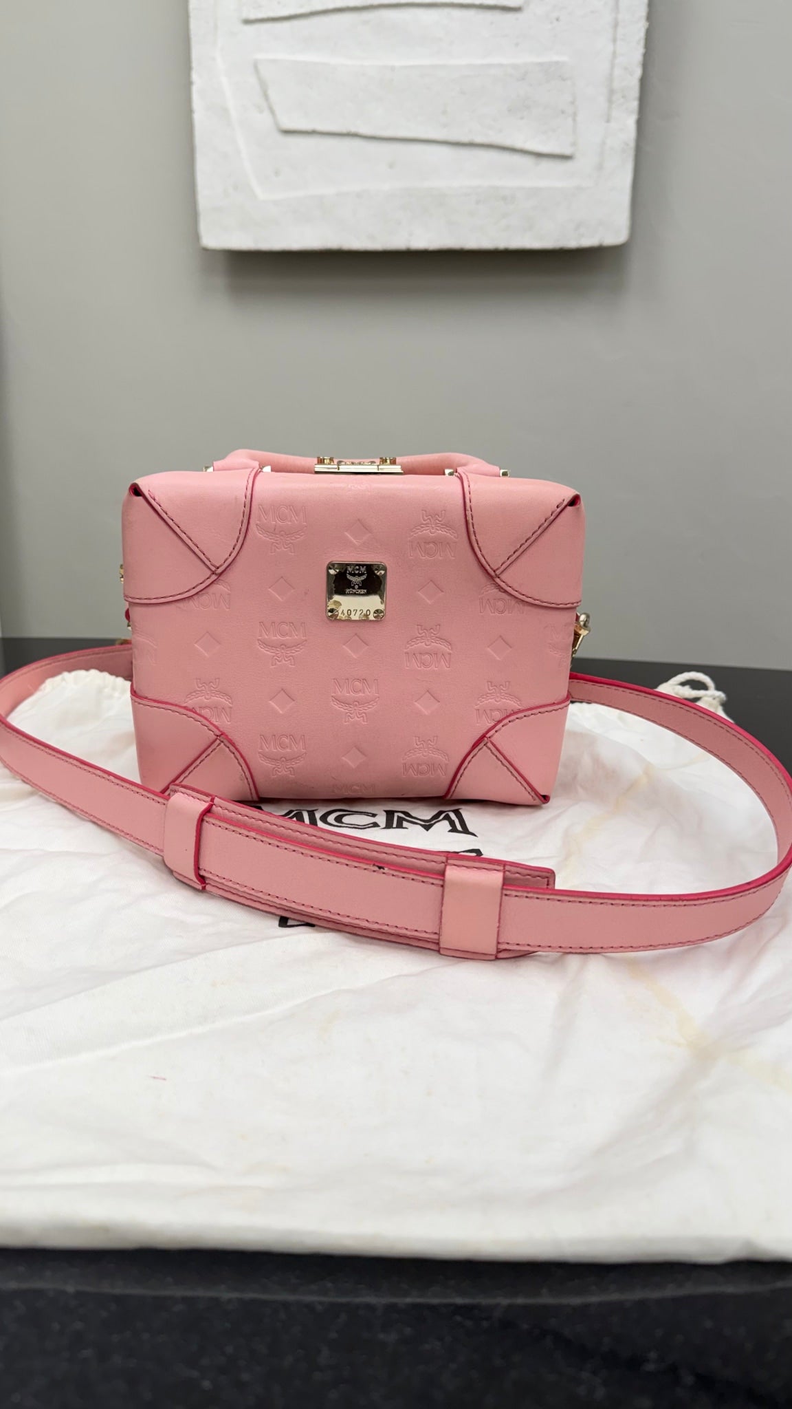 MCM Light Pink Embossed Visetos Leather Soft Berlin Box Trunk Crossbody