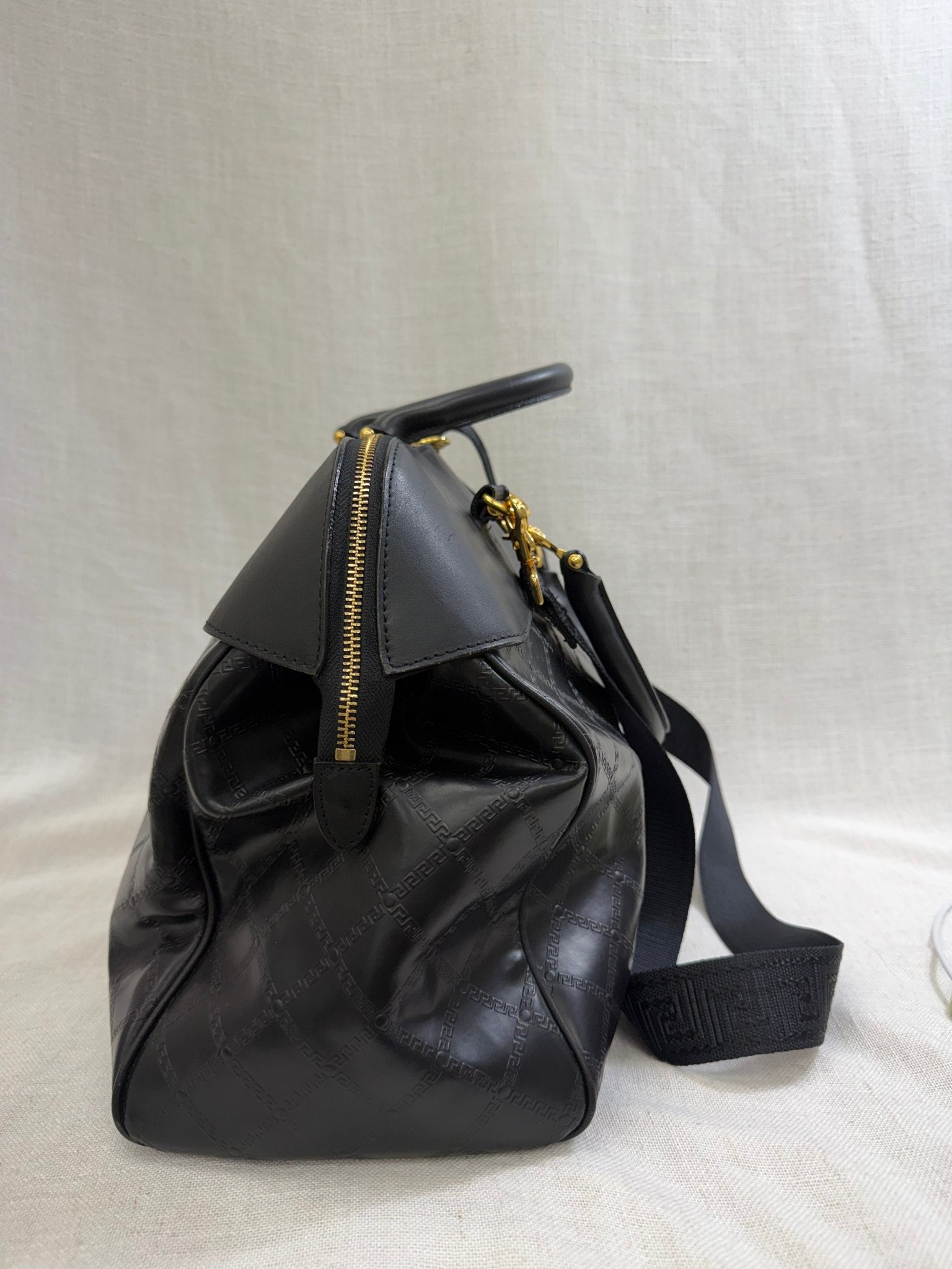 Versace Black Leather Sunburst Boston Bag