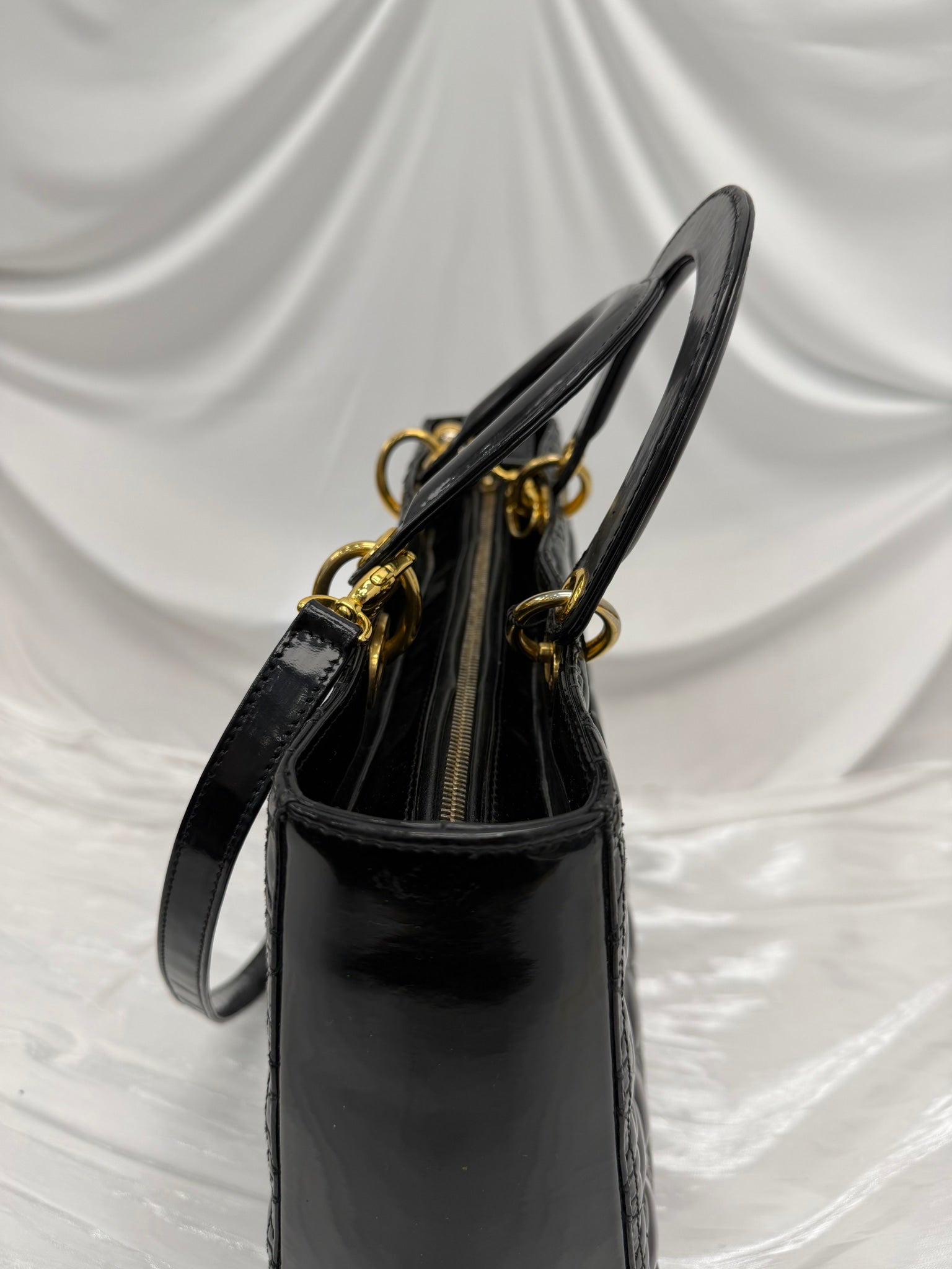 Christian Dior Vintage Black Patent Leather Cannage Large Lady Dior Handbag