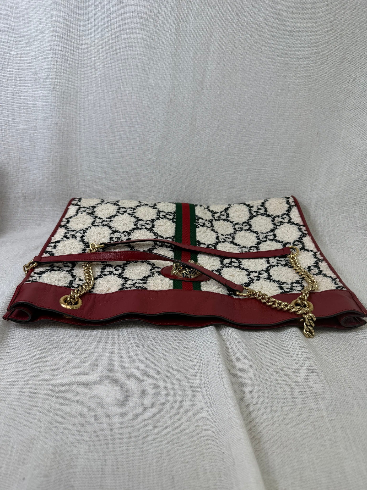 Gucci White Tweed And Red Leather Trim GG Rajah Tote