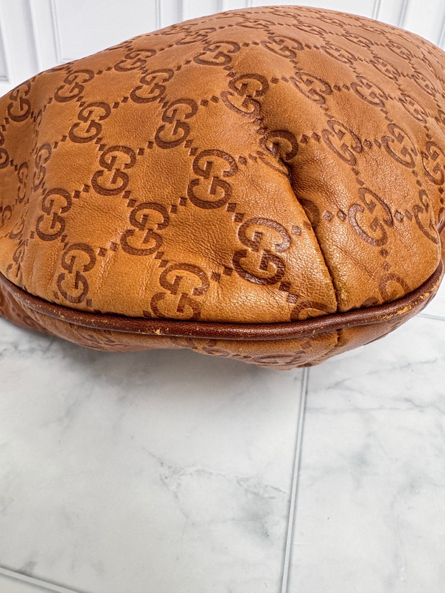 Gucci Brown Leather Embossed Guccissima Hysteria Crest Hobo Shoulder Bag