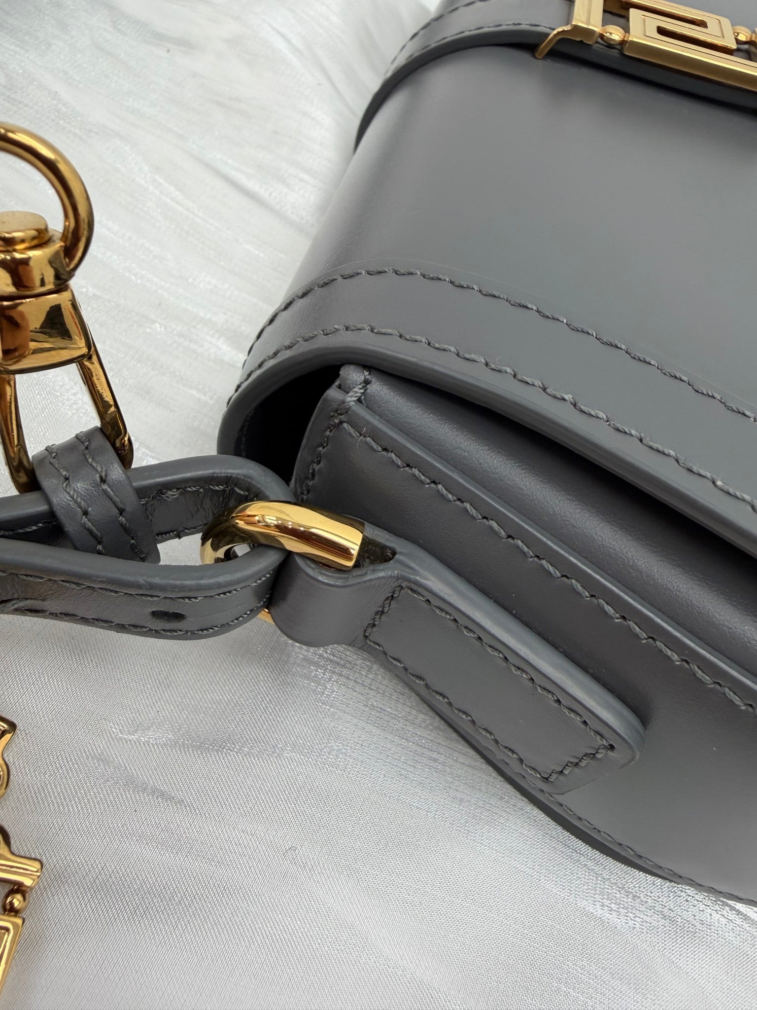 LIKE NEW- Versace Grey Calfskin Medium Greca Goddess Shoulder Bag