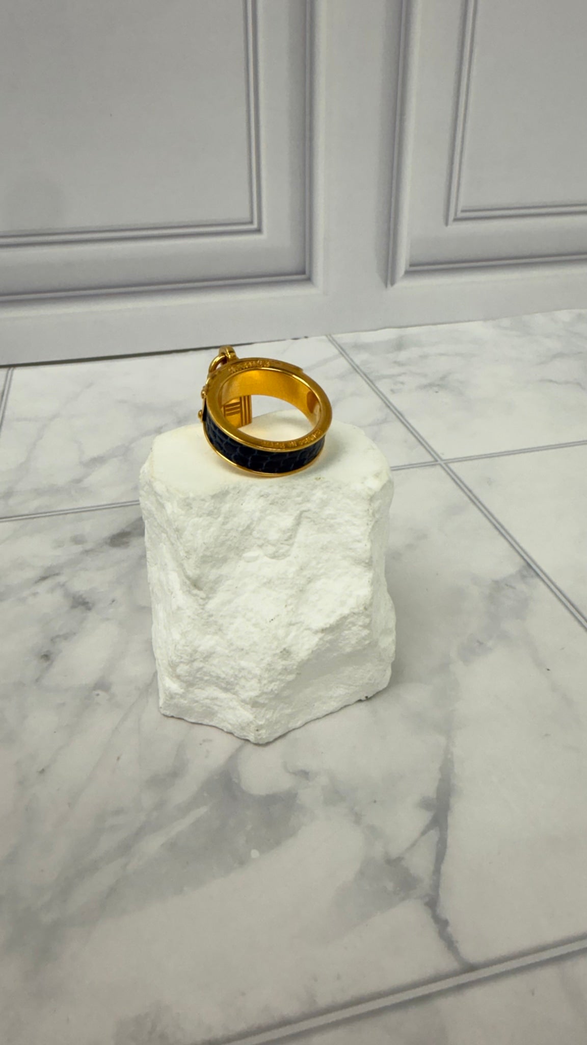 Hermes Gold Tone Blue Leather Kelly Lock Scarf Ring
