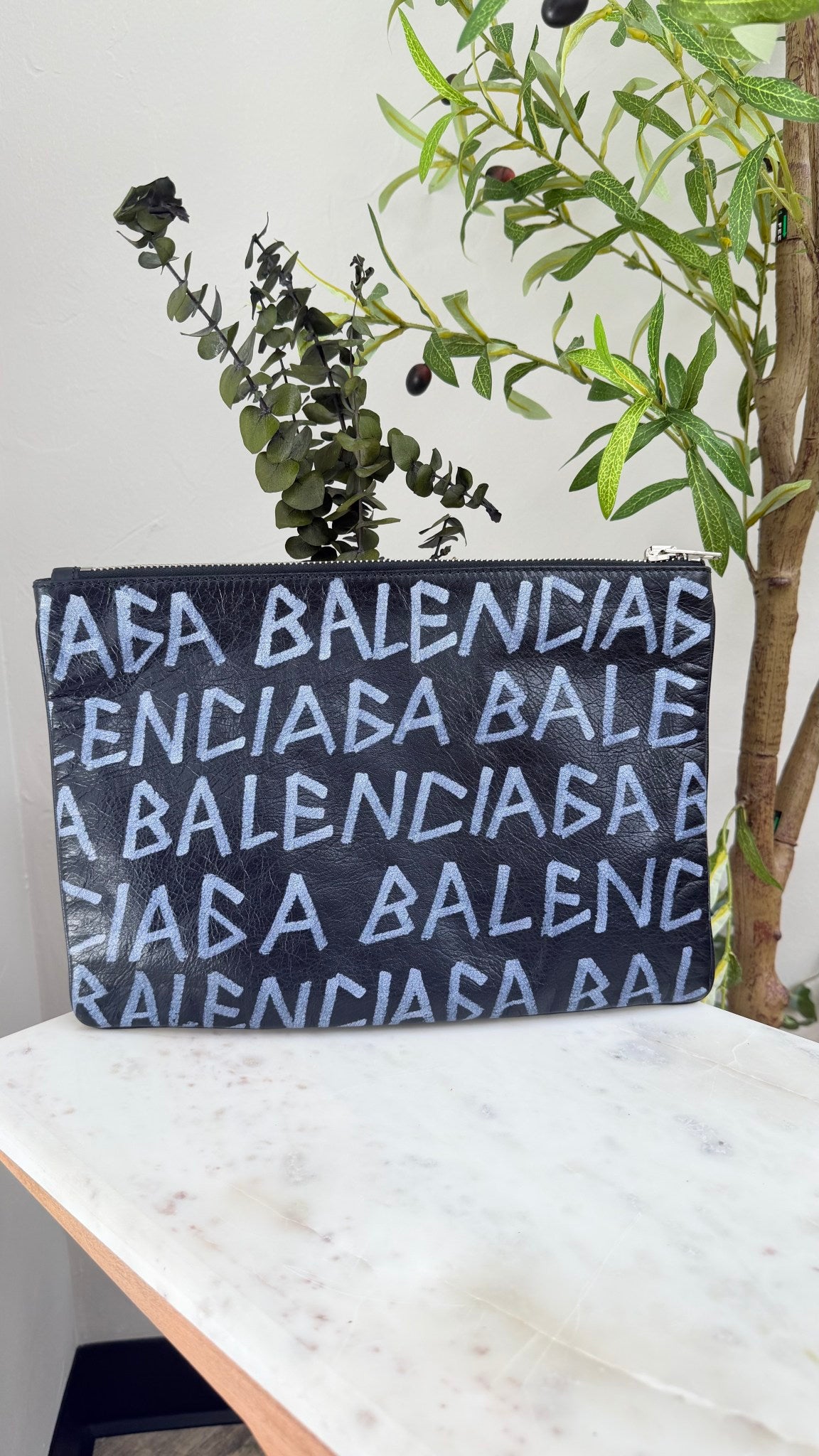 LIKE NEW - Balenciaga Black & White Graffiti Printed Leather Zipper Pouch