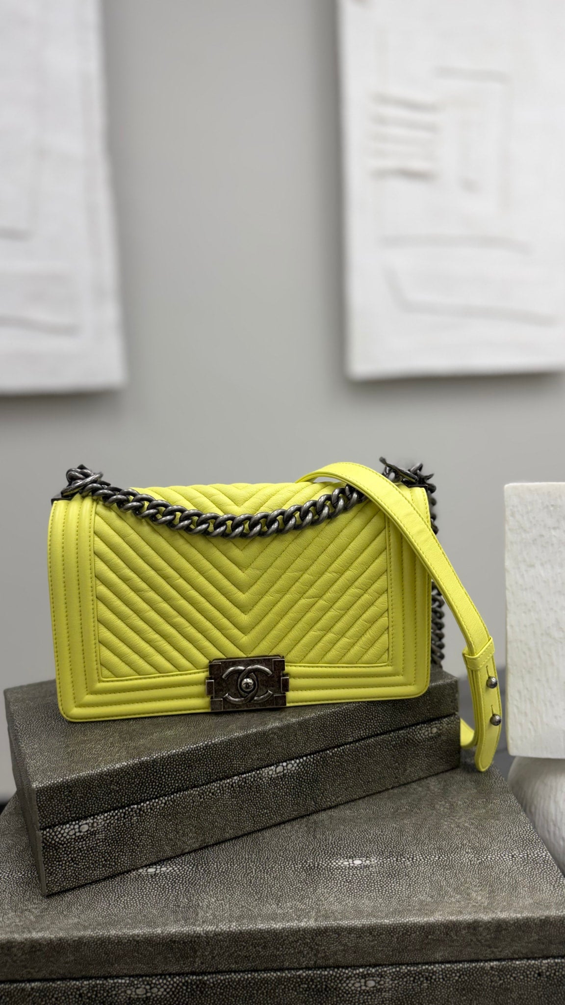 Chanel Yellow Chevron Quilted Leather Medium Boy Flap Bag