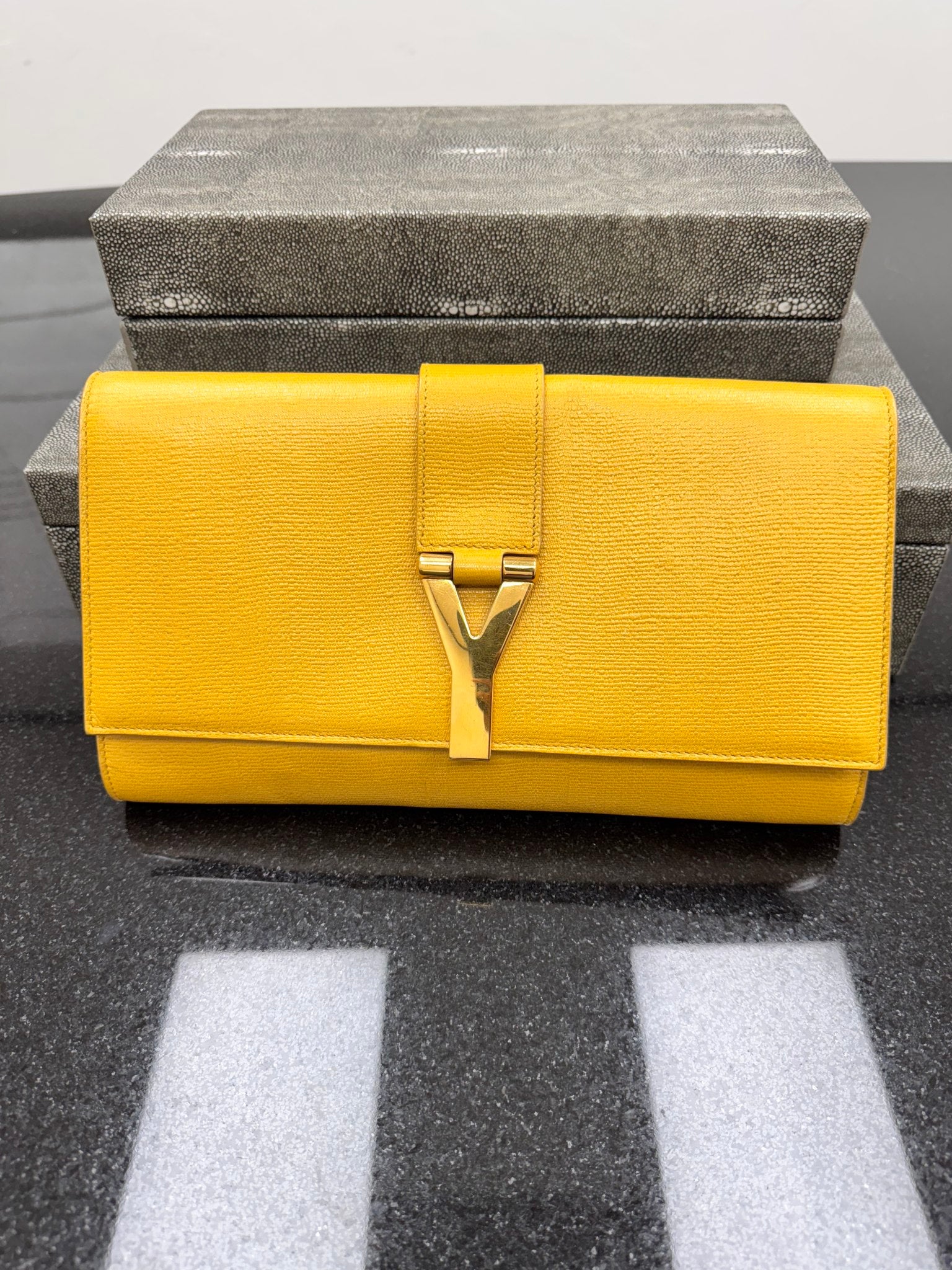 Saint Laurent YSL Yellow Grained Leather Chyc Y Clutch
