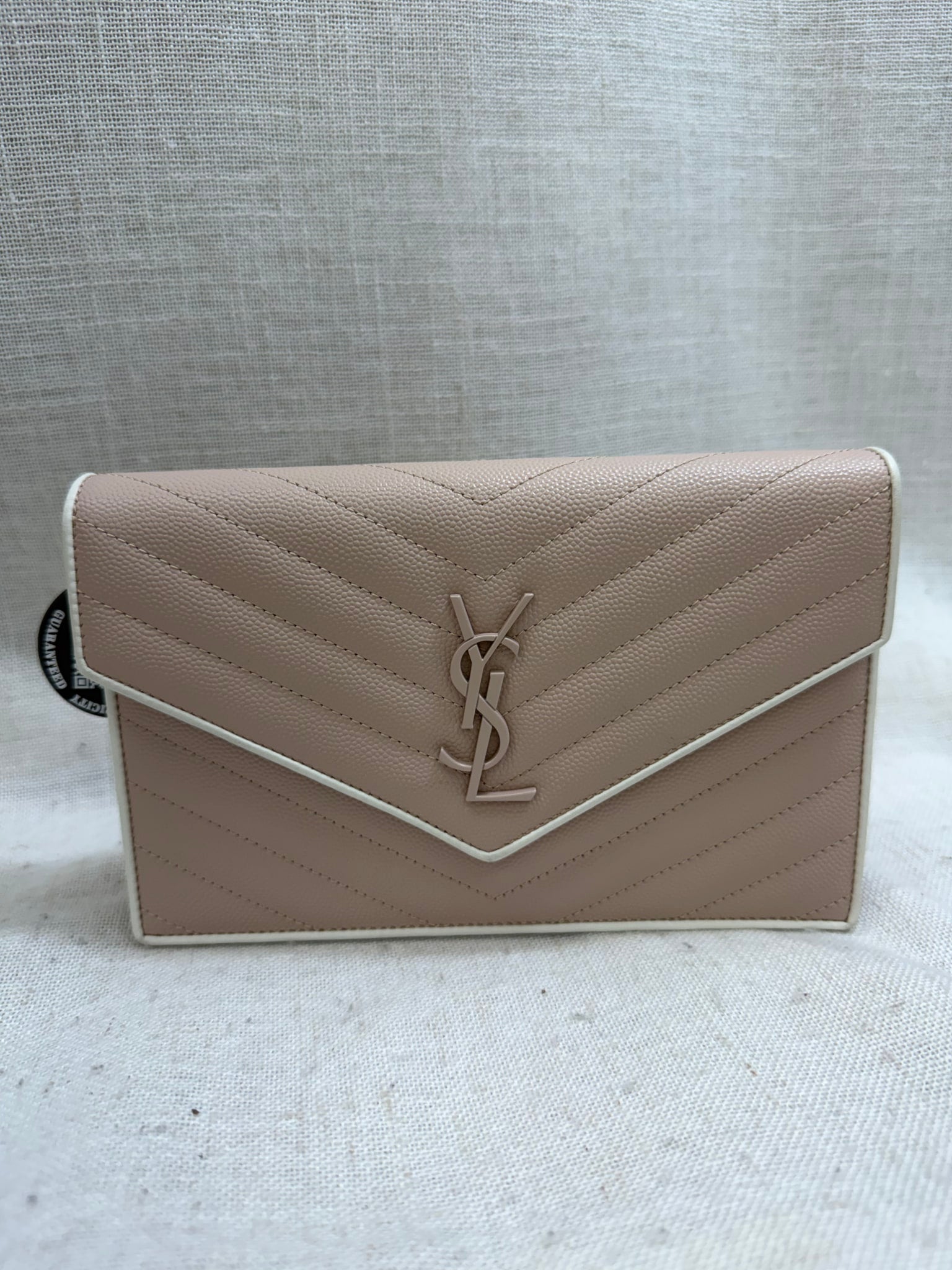 Saint Laurent YSL Pink Grain De Poudre Leather Monogram Envelope Wallet On A Chain