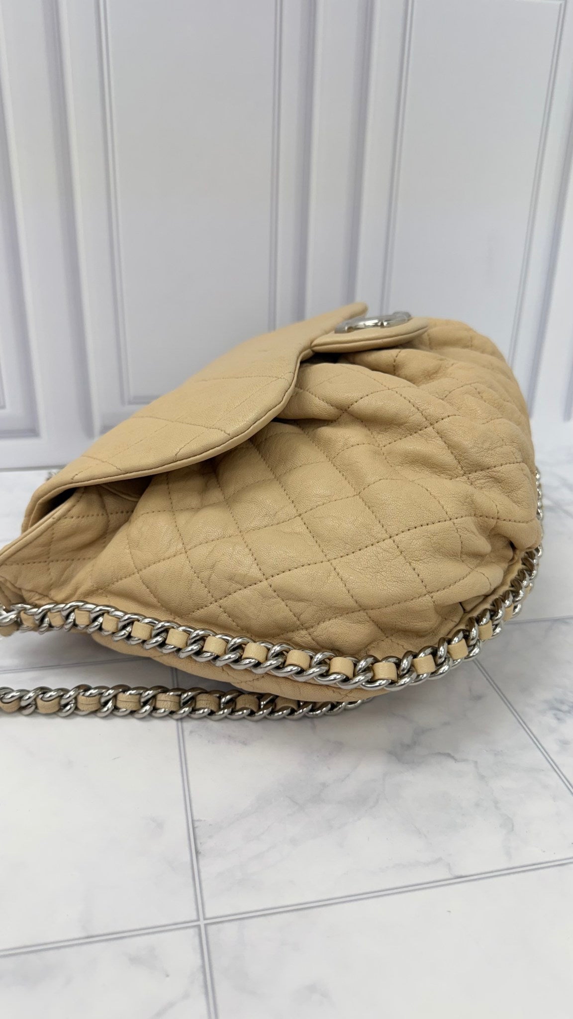 Chanel Beige Calfskin Leather Chain Around Shoulder Bag