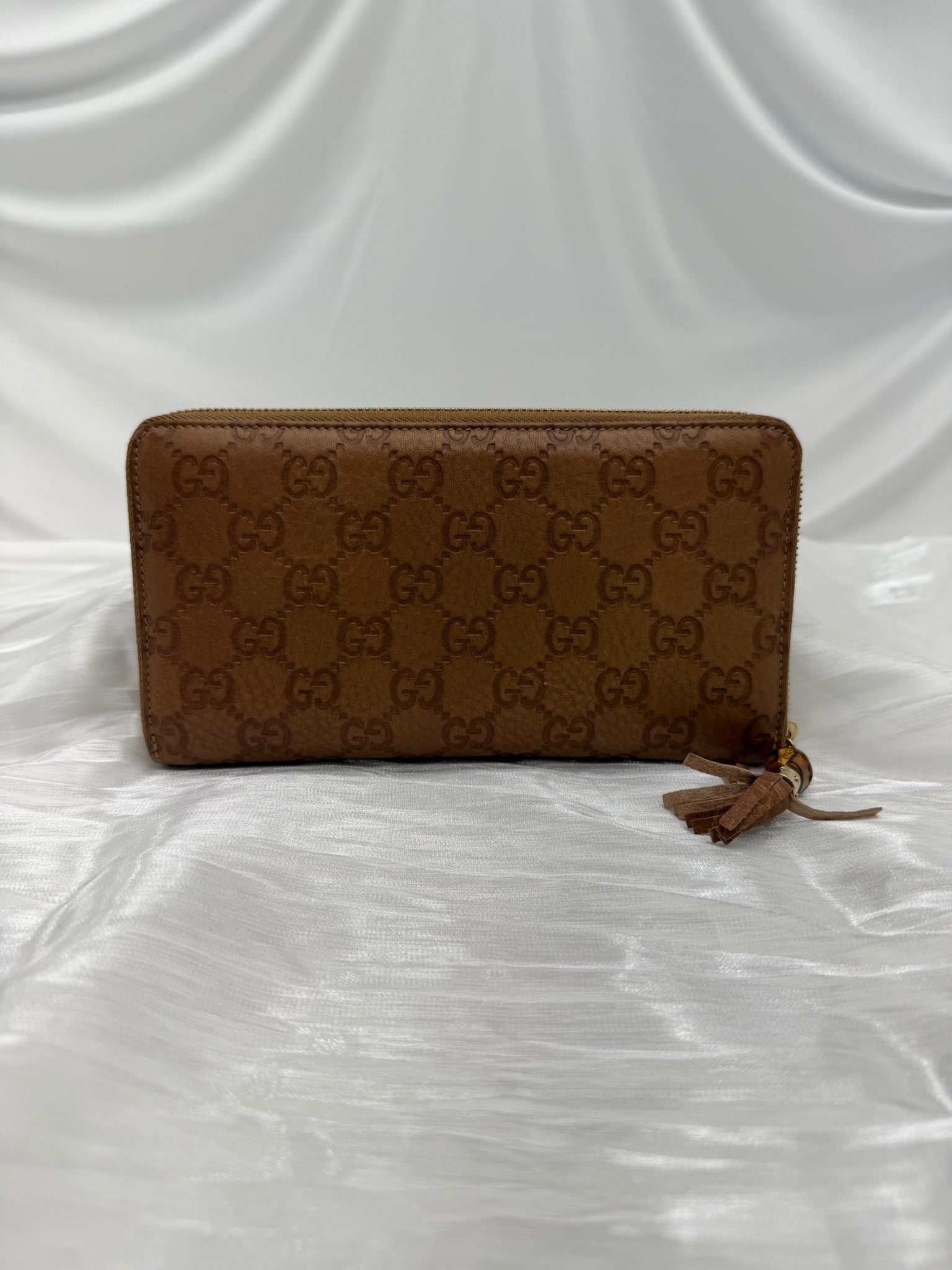 Gucci Brown Guccissima Leather Bamboo Zippy Travel Wallet