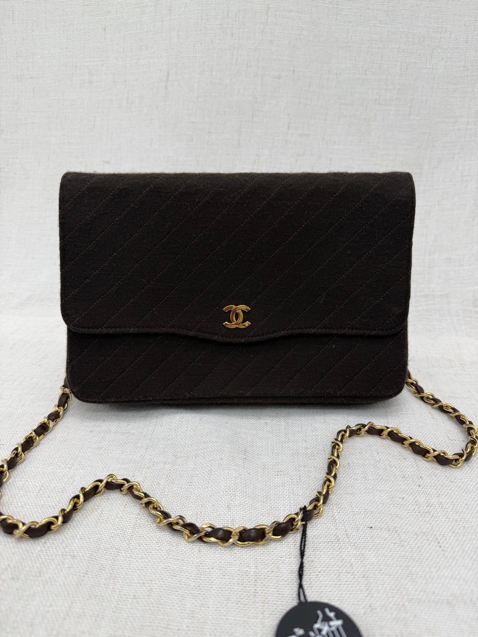 Chanel Chocolate Brown Diaginal Quilted Jersey Knit 24K Small Single Flap Bag