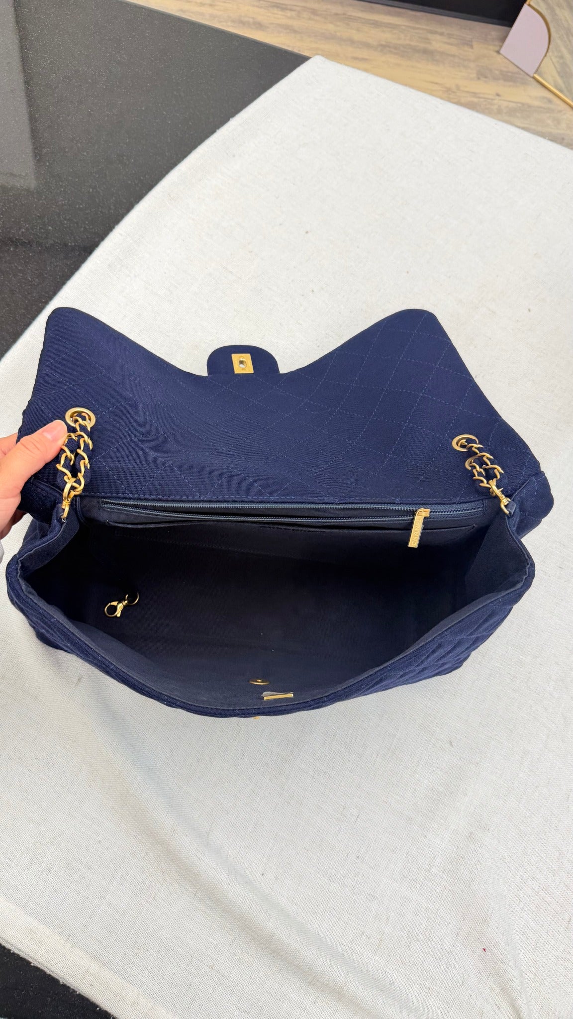 Chanel Navy Quilted Jersey Cloth Maxi Classic Flap Shoulder Bag
