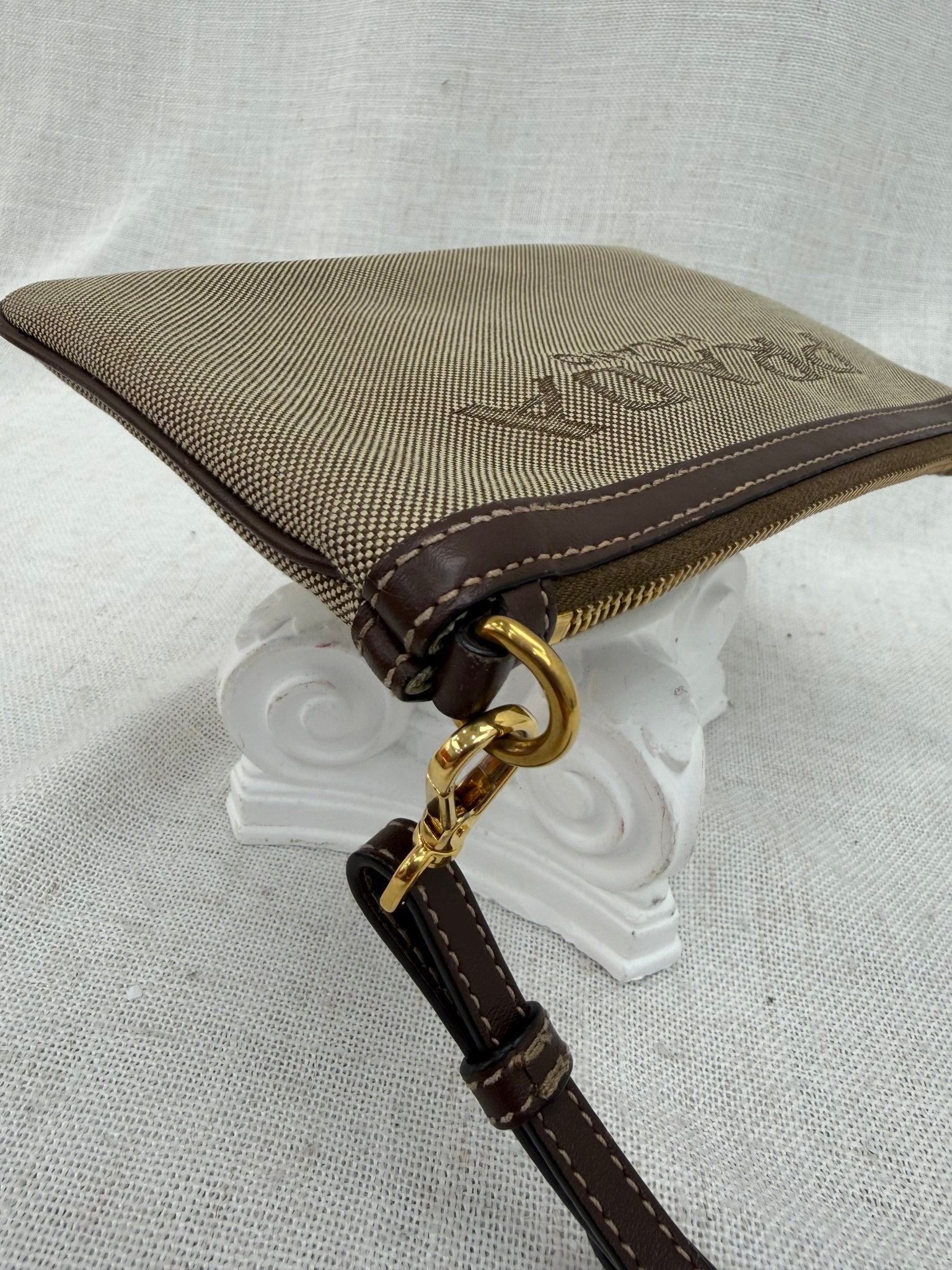 Prada Brown Canvas Canapa Wristlet Pouch