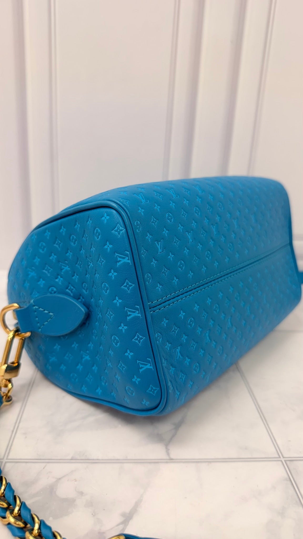 LIKE NEW - Louis Vuitton Bright Blue Calfskin Nanogram Embossed Speedy Bandouliere 20