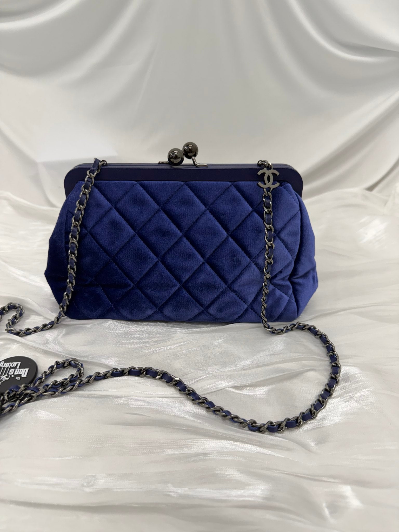 Chanel Blue Velvet Quilted Kiss Lock Clutch on a Chain