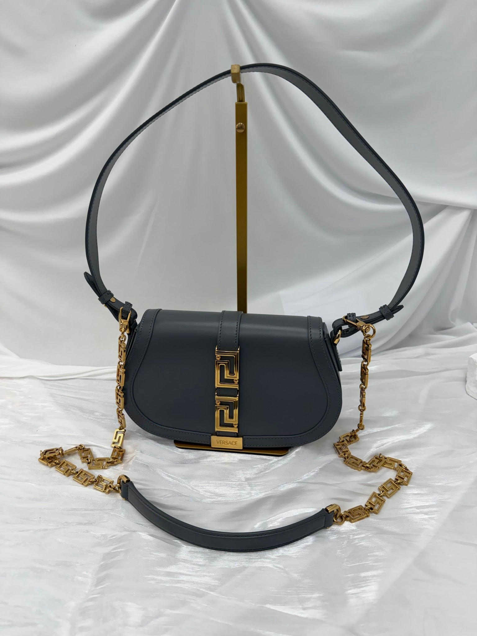 LIKE NEW- Versace Grey Calfskin Medium Greca Goddess Shoulder Bag
