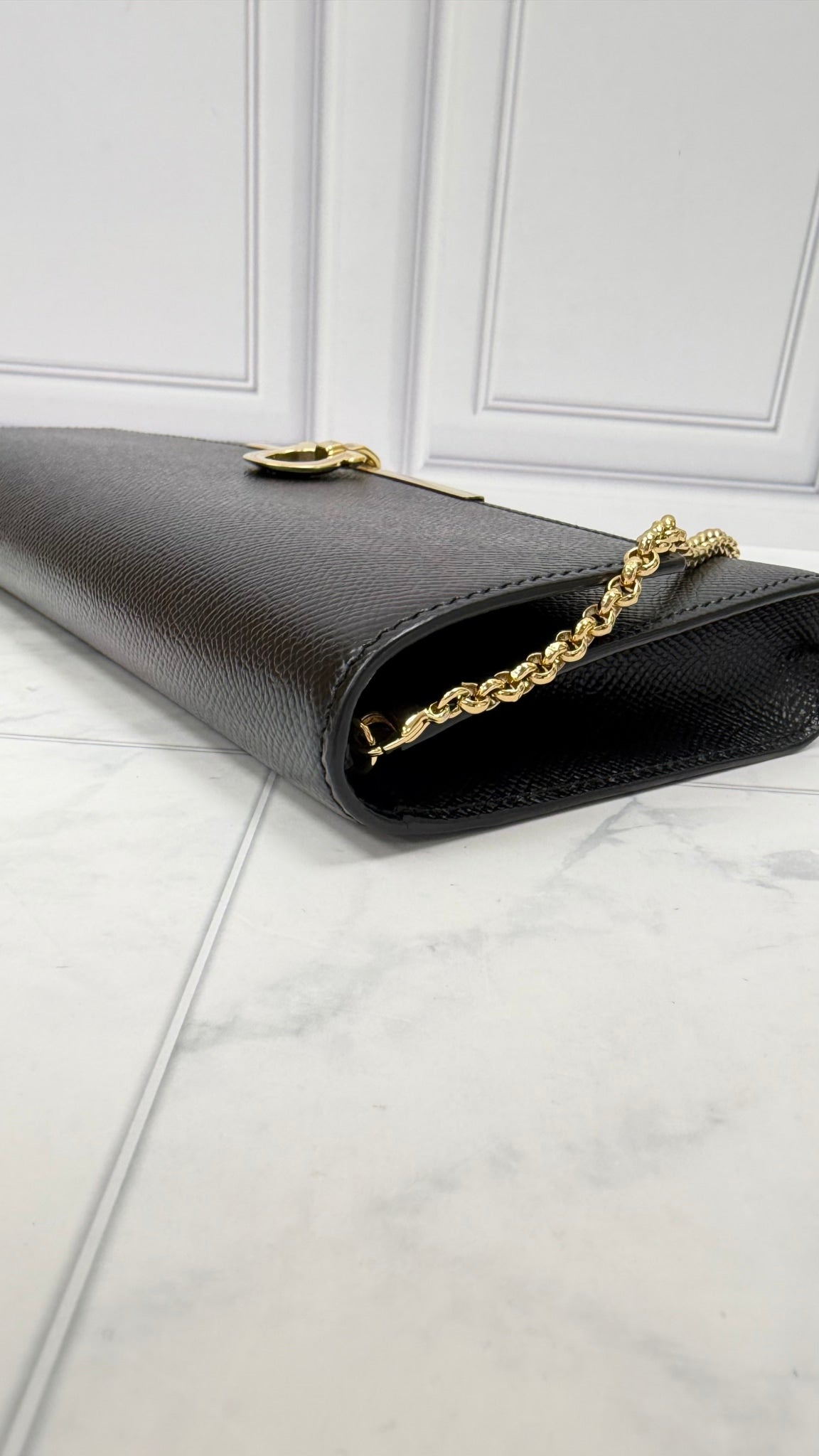Salvatore Ferragamo Black Leather Clutch on a Chain