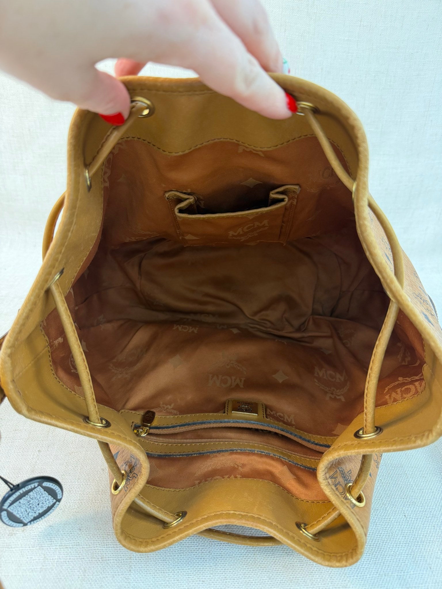 MCM Brown Coated Canvas Drawstring Bucket Bag