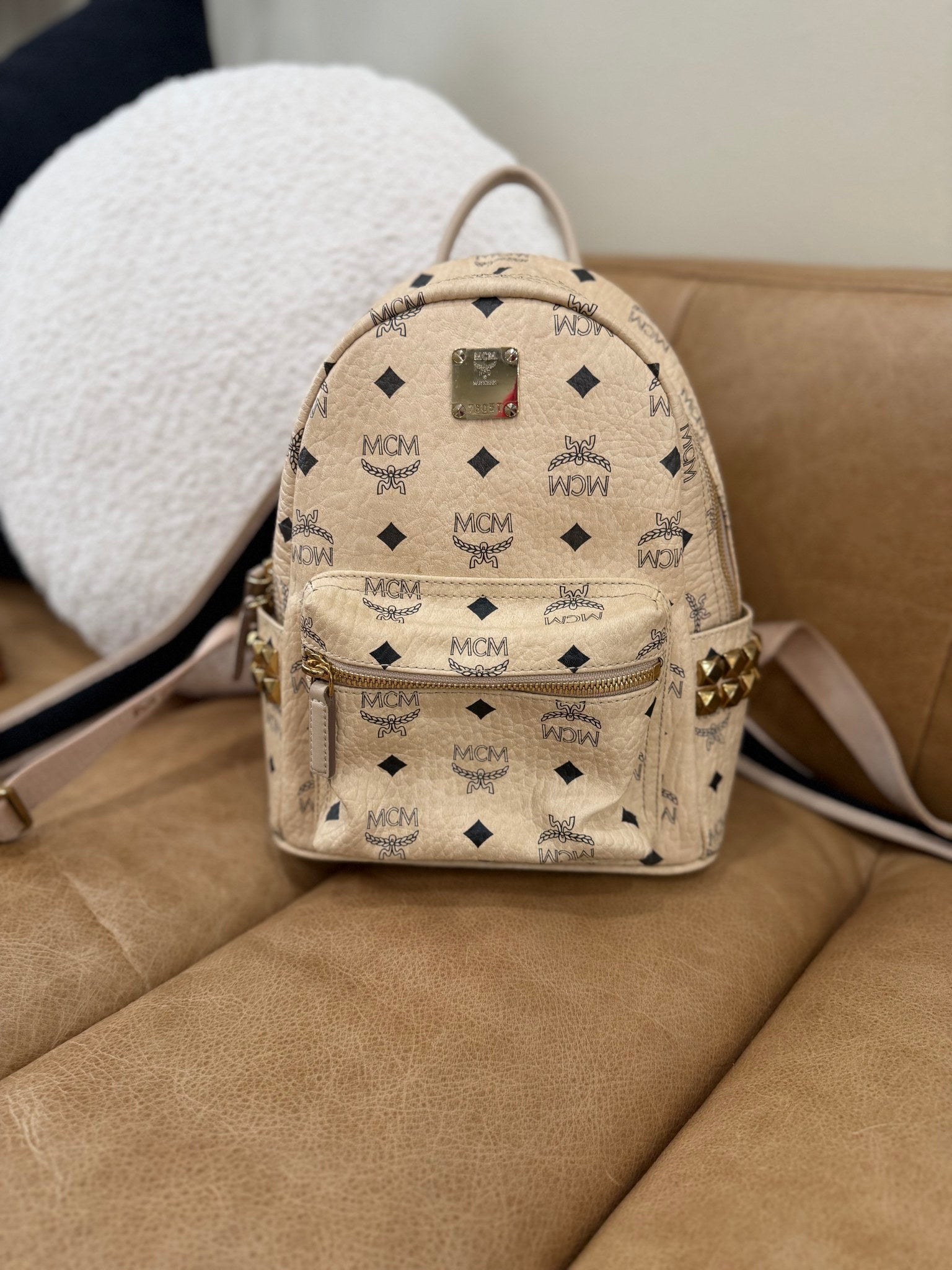 MCM Beige Visetos Leather Studded Mini Backpack