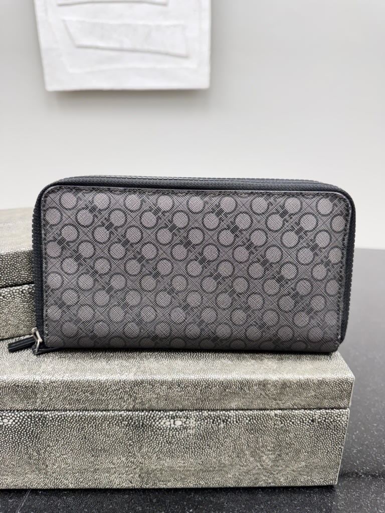 Salvatore Ferrgamo Black And Gray Coated Canvas Double Zippy Wallet
