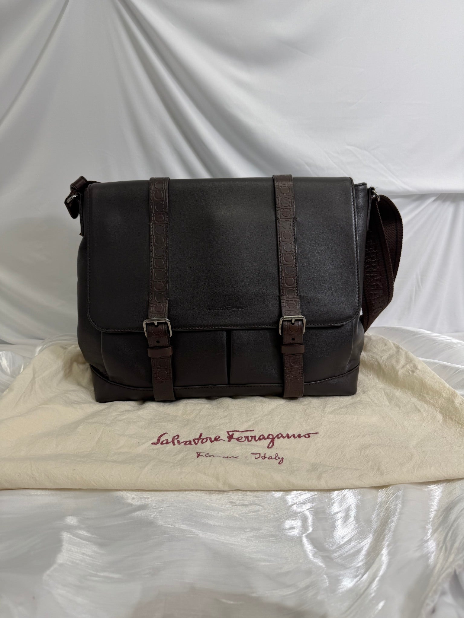 Salvatore Ferragamo Dark Brown Leather Double Strap Briefcase