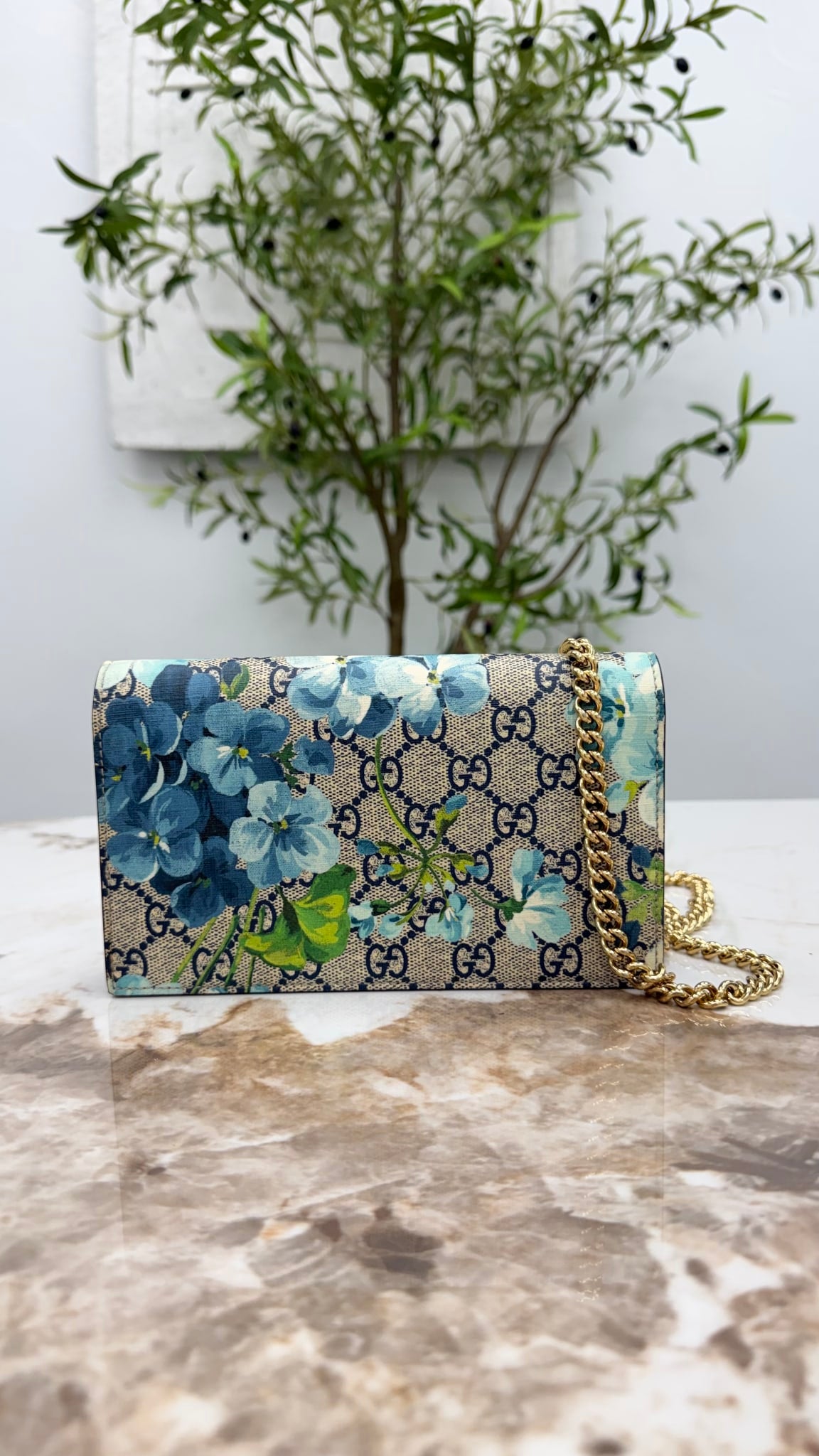 Gucci Blue GG Supreme Blooms Wallet on A Chain