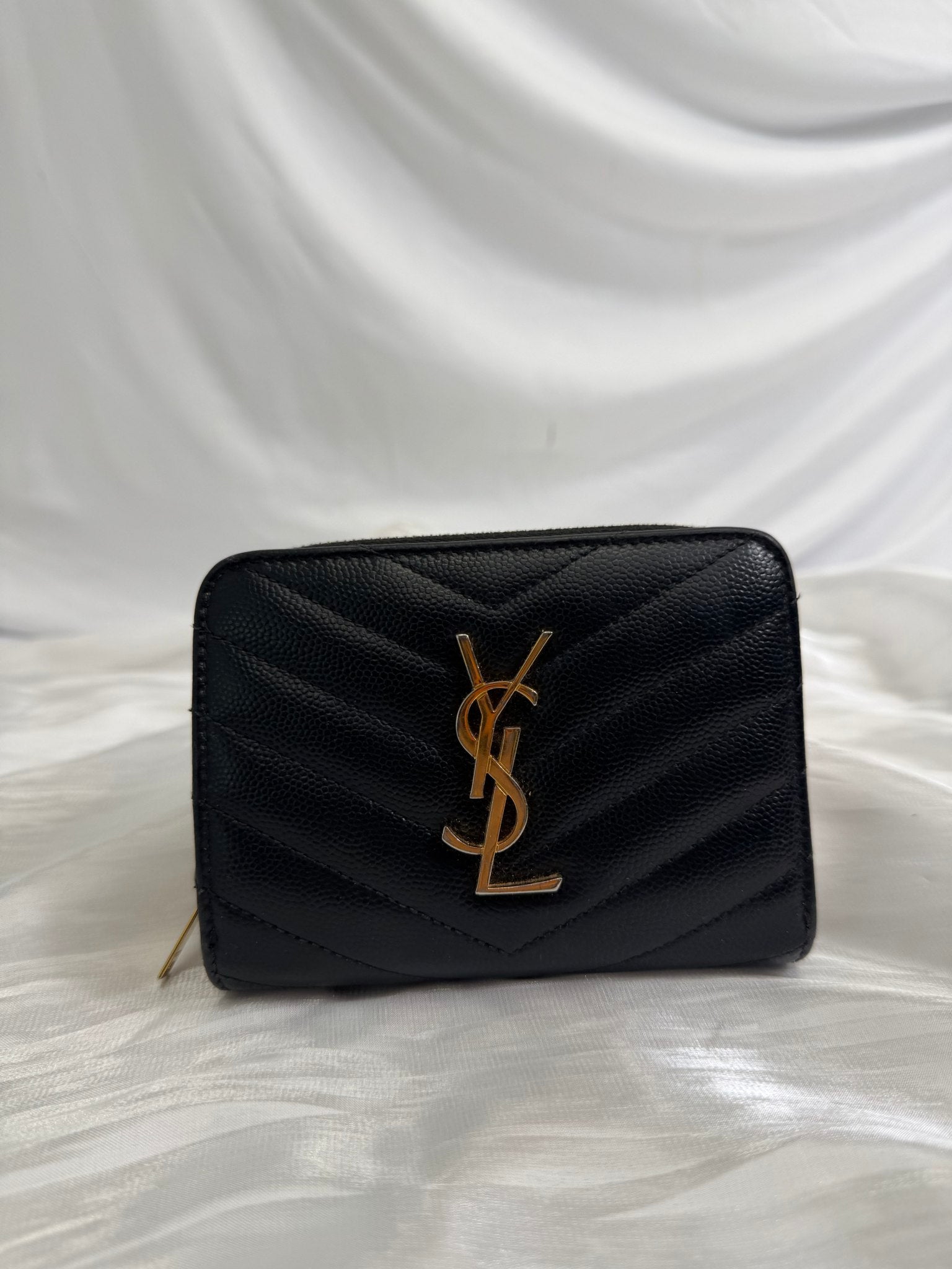 Saint Laurent YSL Black Pebbled Leather Compact Zip Around Wallet