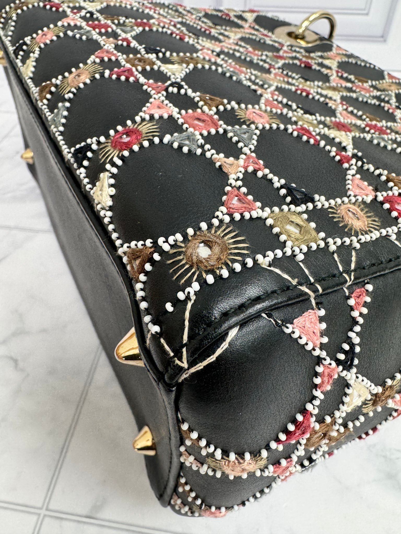 Christian Dior Black Multicolor Embroidered Lady Dior Medium 2Way Bag