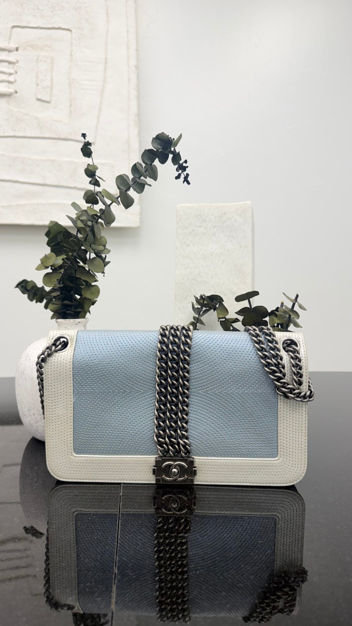 Chanel Blue And White Quilted Leather Rock Boy Flap Bag