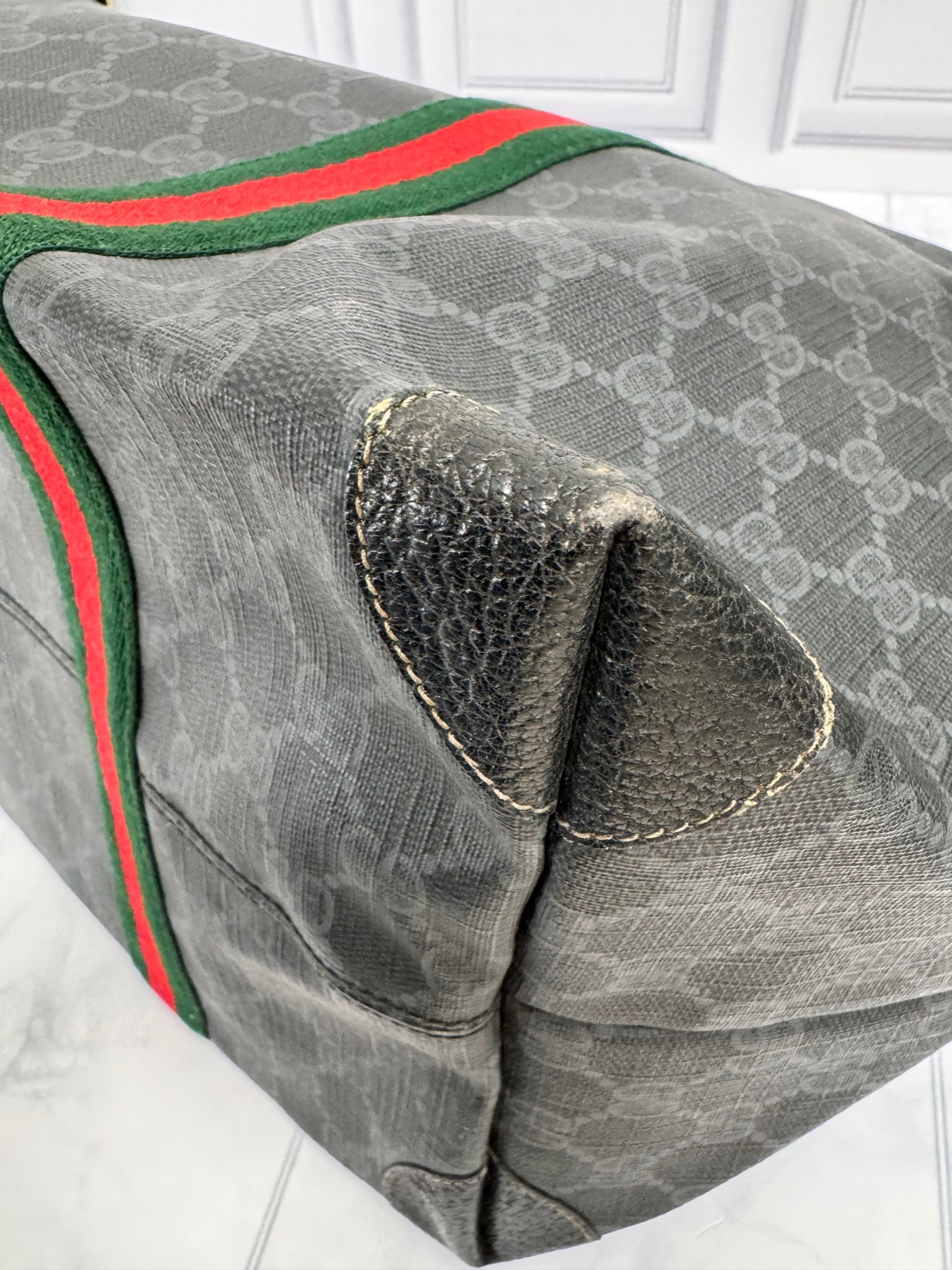 Gucci Black & Gray Sherry Monogram Web Travel Tote
