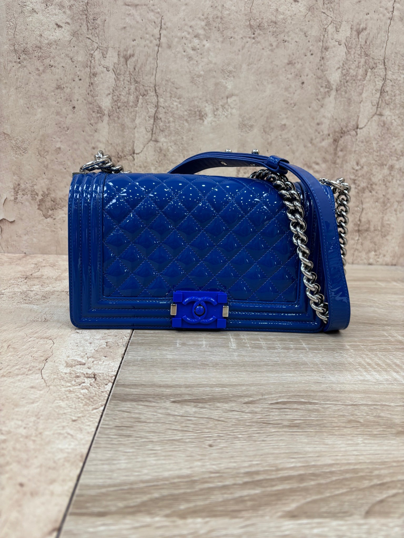 Chanel Blue Patent Leather Quilted Boy Bag