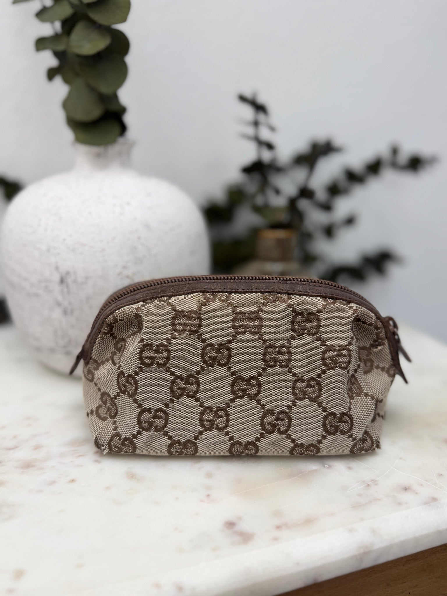 Gucci Brown GG Canvas & Leather Cosmetic Pouch