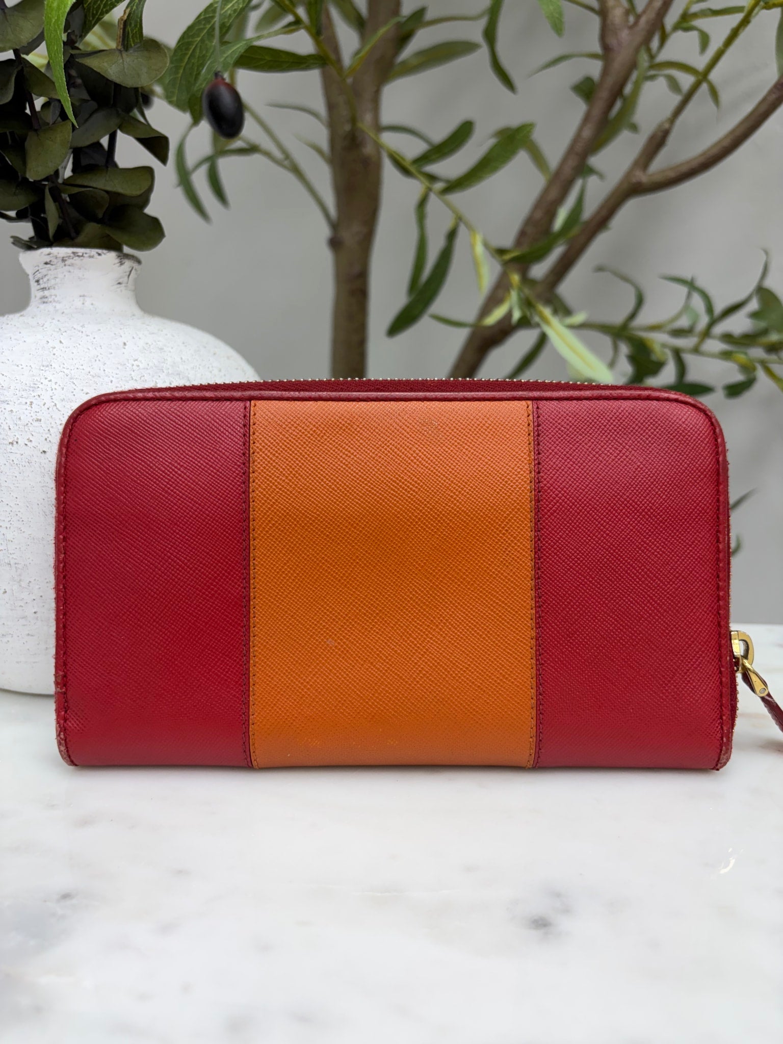 Prada Orange & Red Saffiano Zippy Wallet