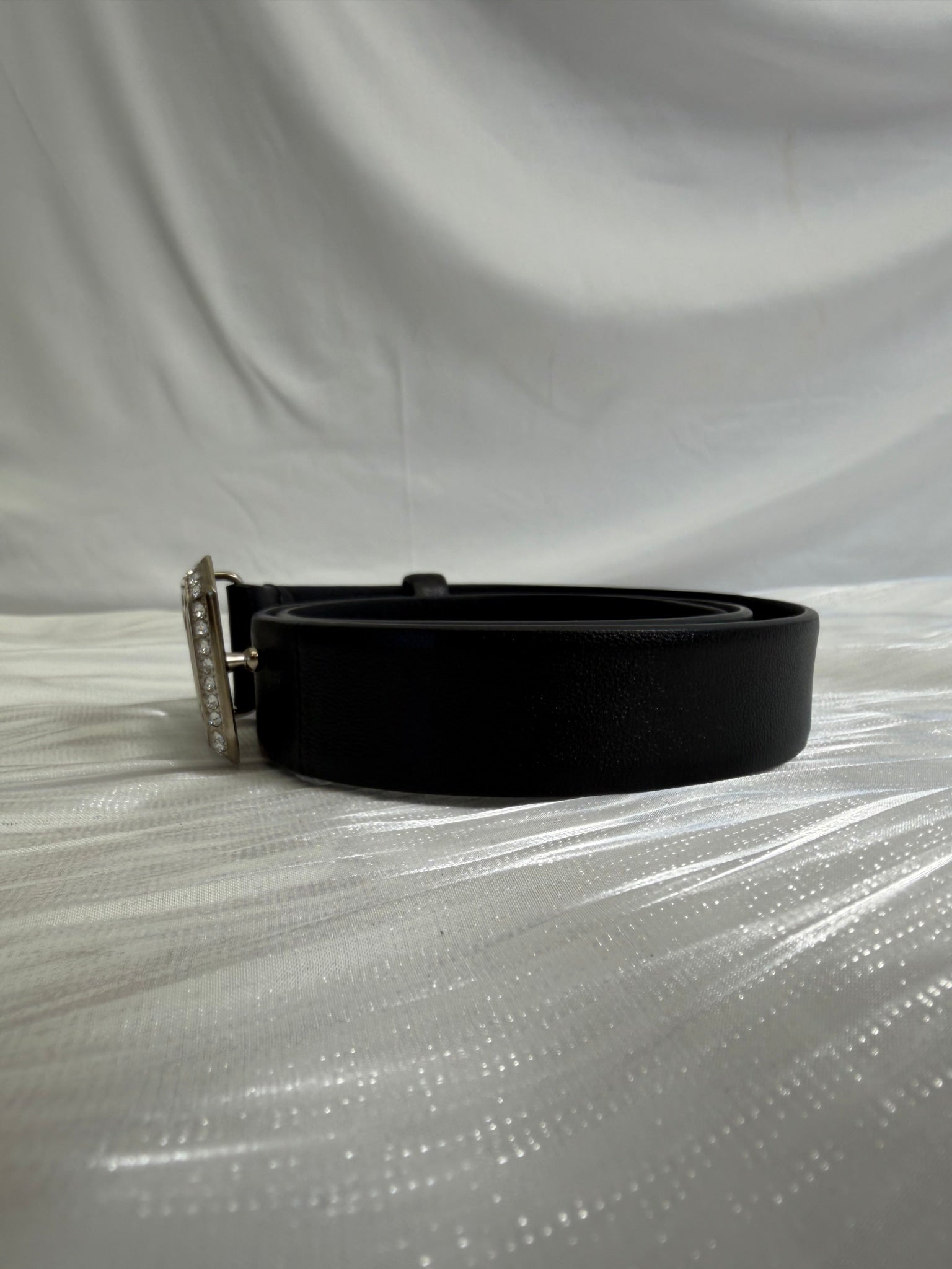 Chanel Black Leather Crystal CC Logo Belt 70/28