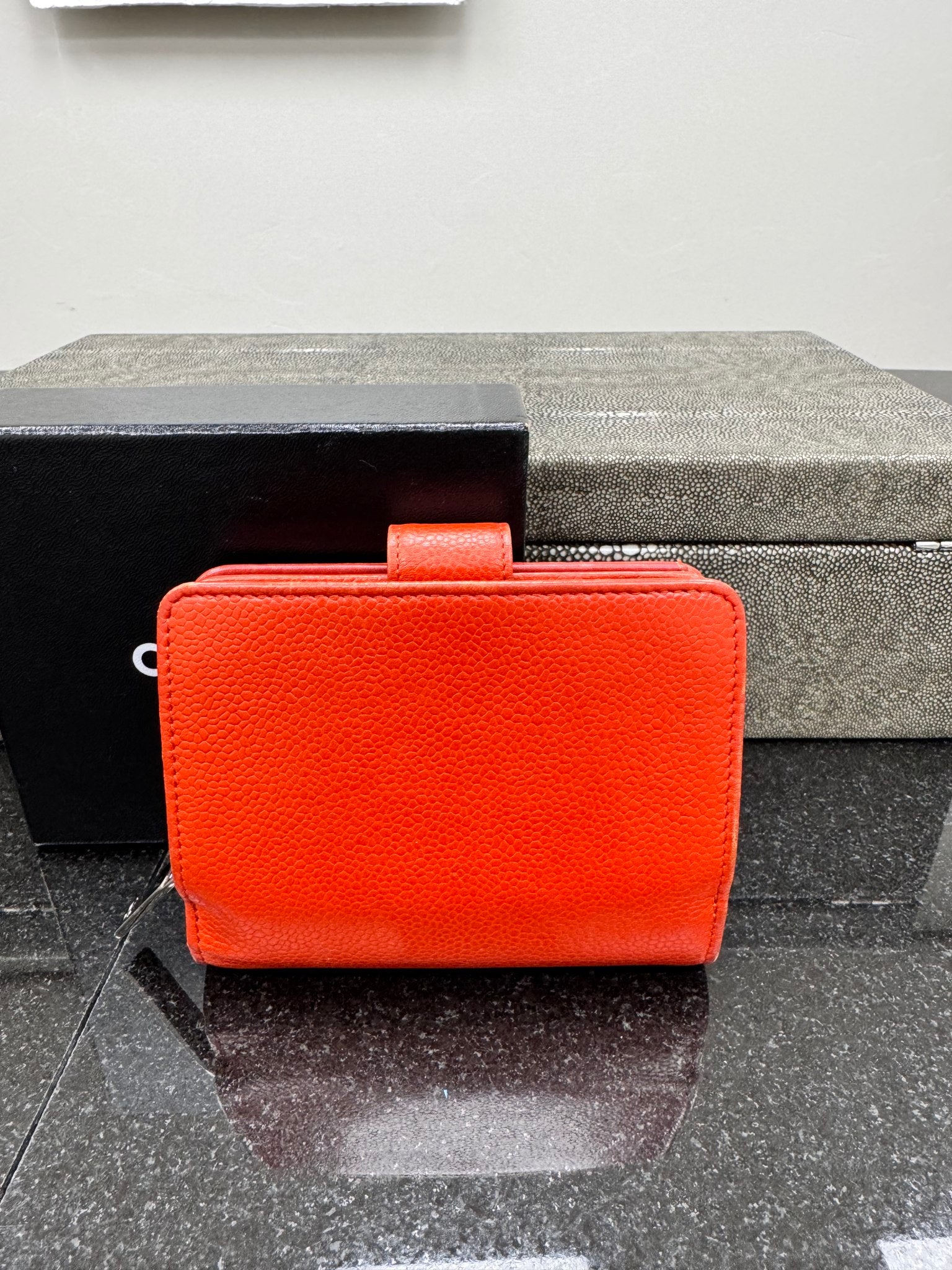 Chanel Orange Caviar Leather French Compact Wallet