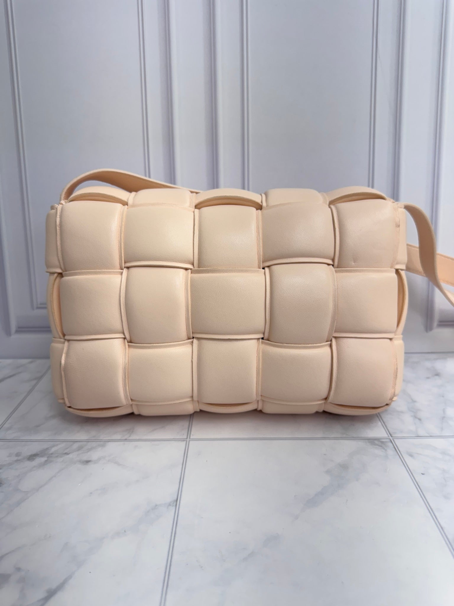 Bottega Veneta Light Peach Padded Maxi Intrecciato Leather Cassette Crossbody Bag